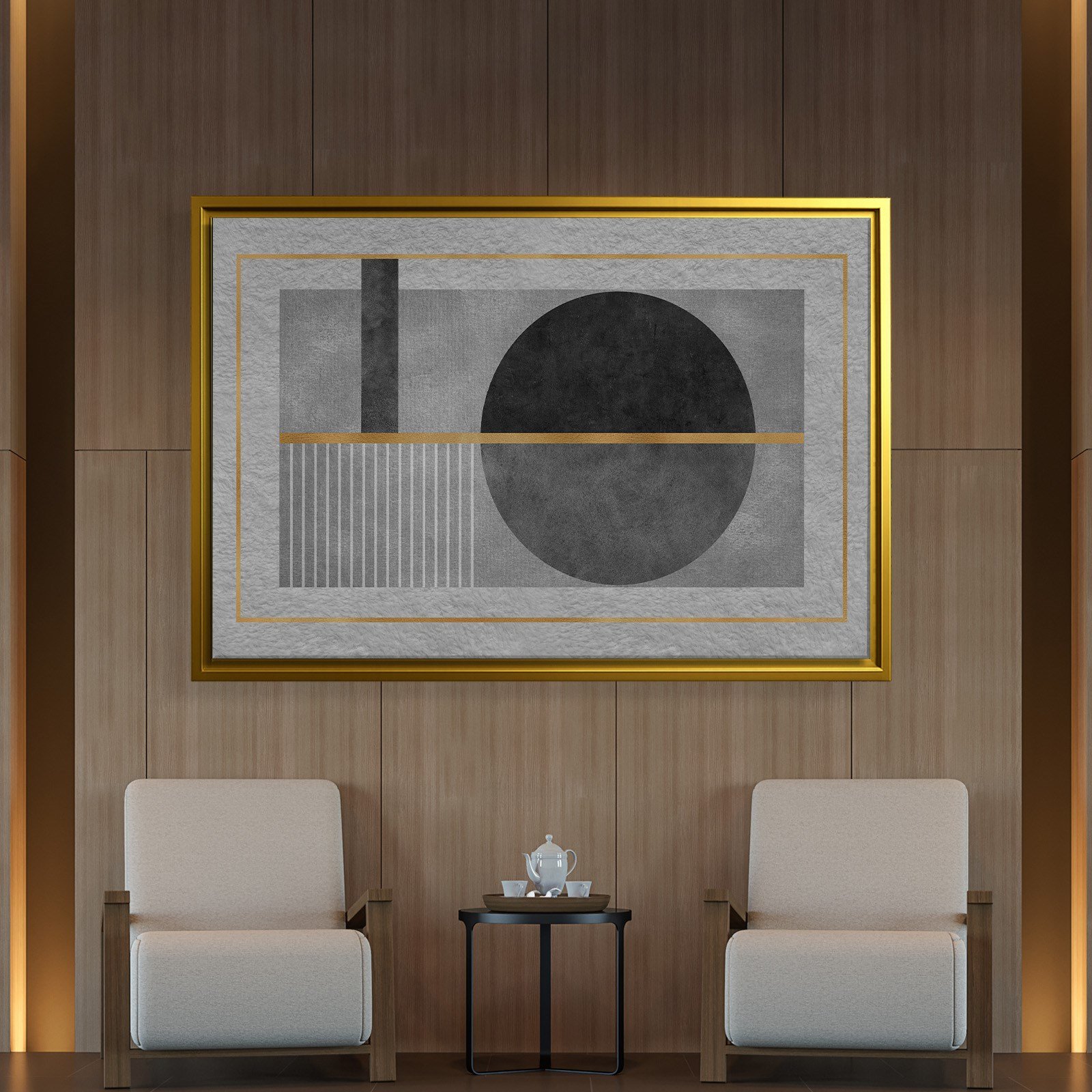 Geometrik Zarafet – Siyah, Gri ve Altın Detaylı Modern Tablo