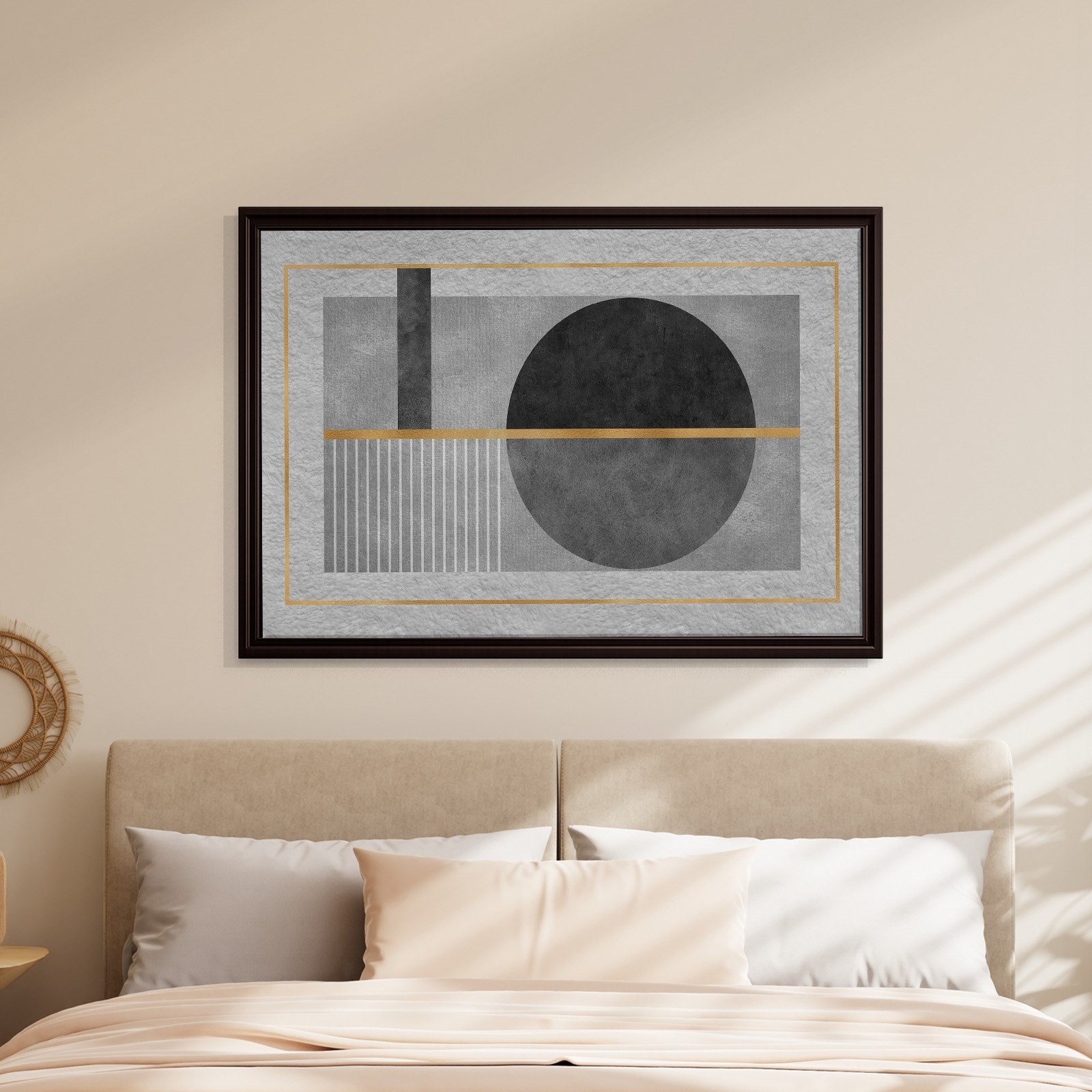 Geometrik Zarafet – Siyah, Gri ve Altın Detaylı Modern Tablo