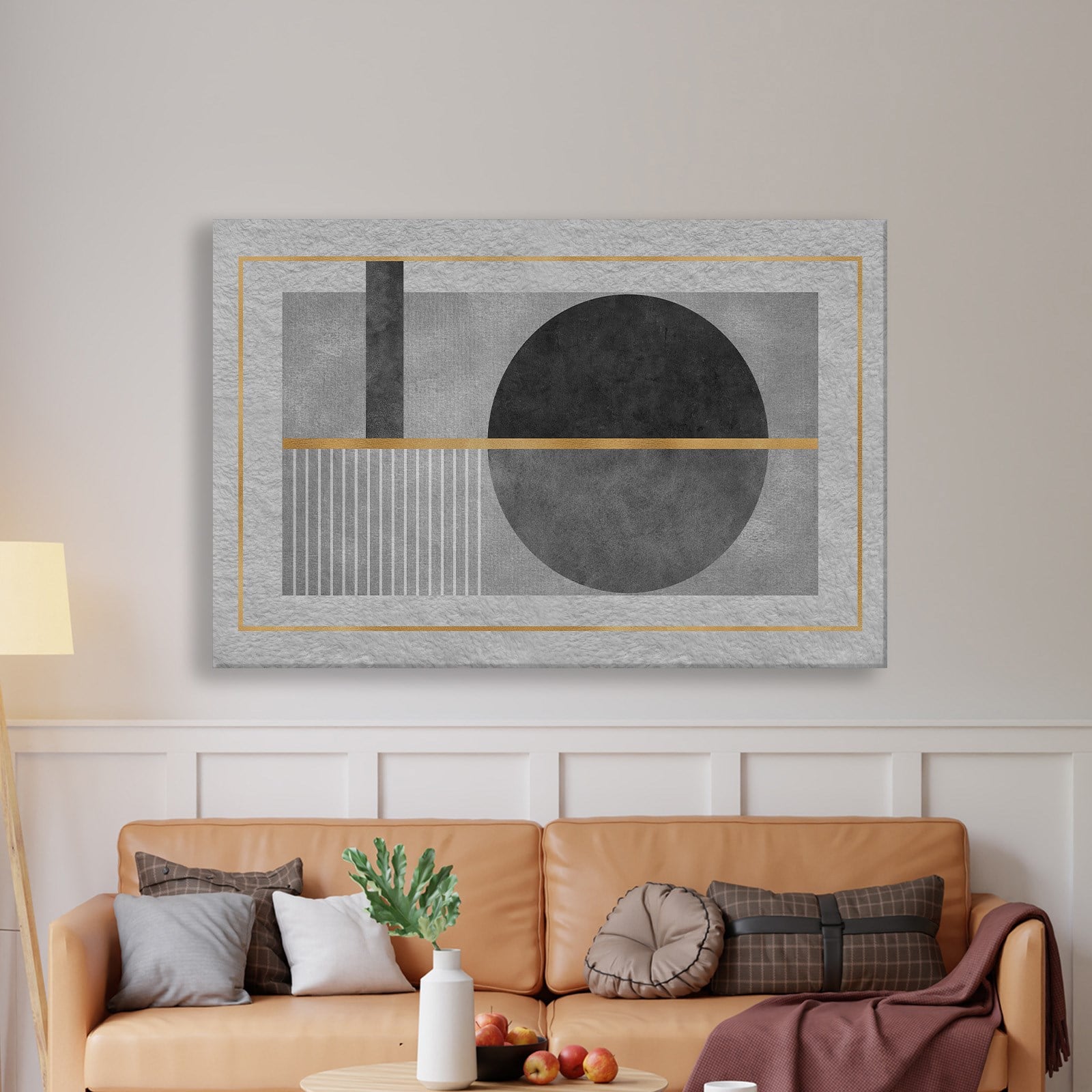 Geometrik Zarafet – Siyah, Gri ve Altın Detaylı Modern Tablo