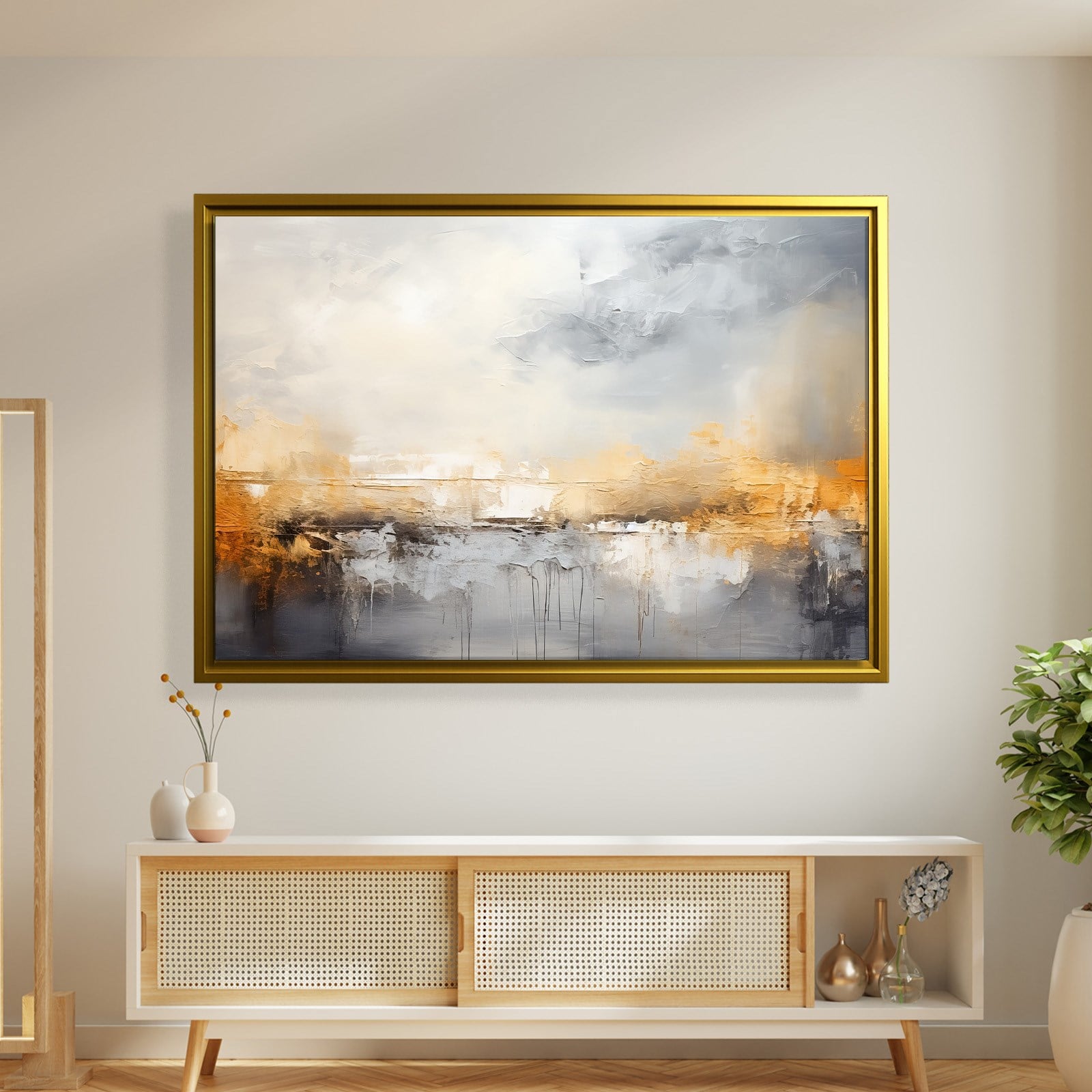 Gri ve Altın Soyut Kanvas Tablo | Modern Minimal Dokulu Premium Duvar Sanatı