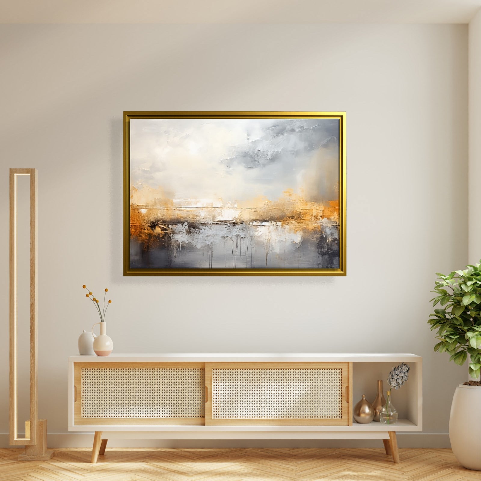 Gri ve Altın Soyut Kanvas Tablo | Modern Minimal Dokulu Premium Duvar Sanatı