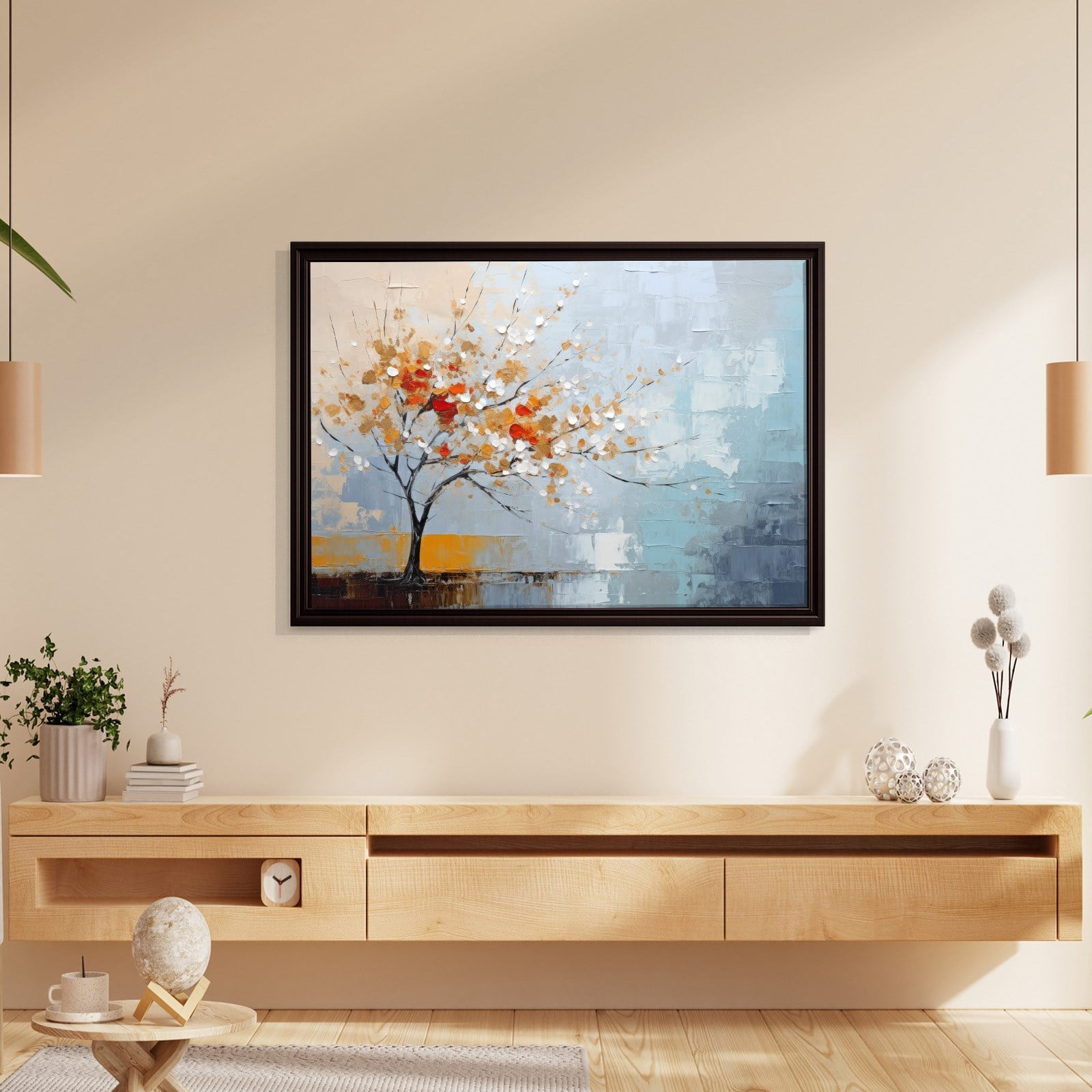 Kırmızı Çiçekli Hayat Ağacı Kanvas Tablo | Modern Soyut Premium Duvar Sanatı