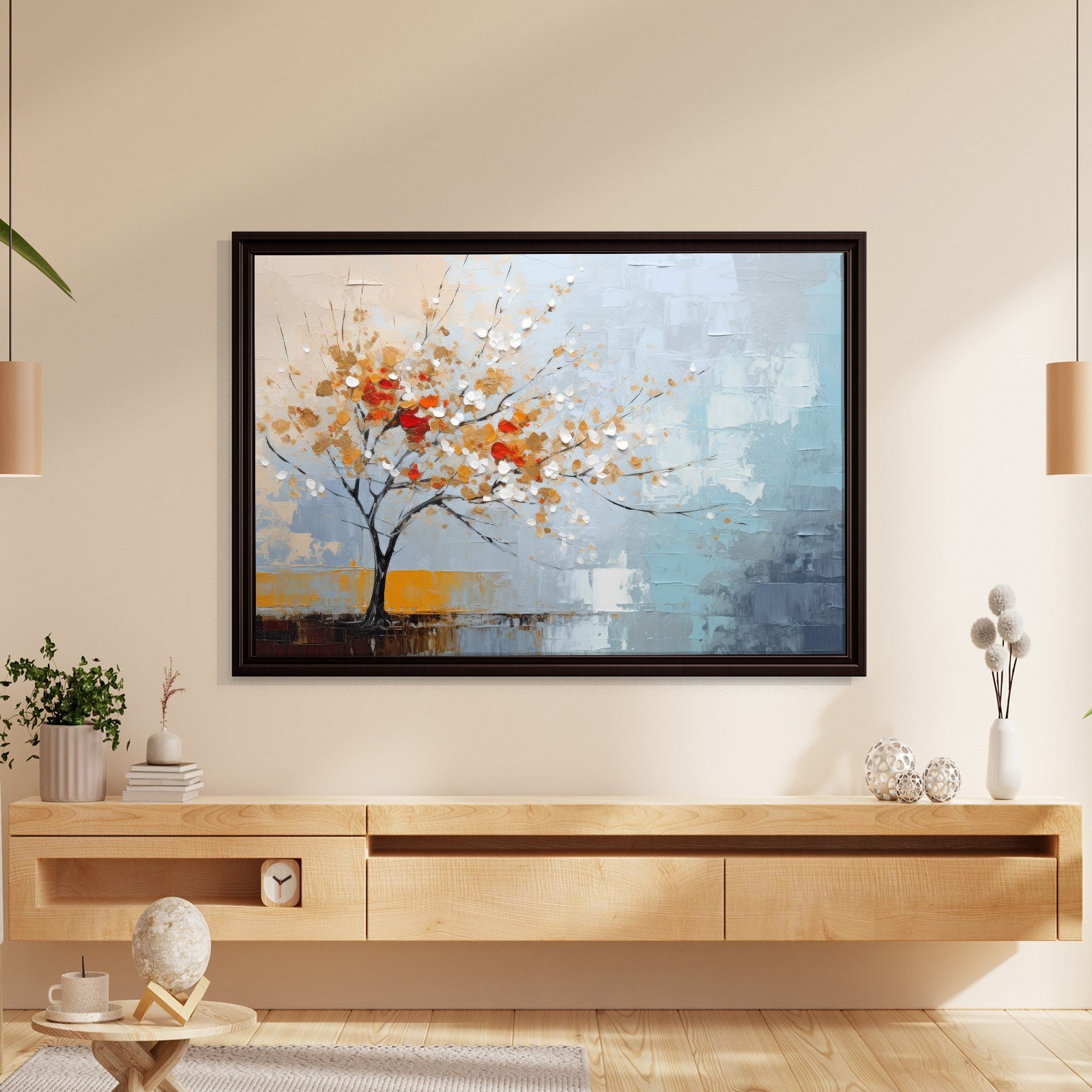 Kırmızı Çiçekli Hayat Ağacı Kanvas Tablo | Modern Soyut Premium Duvar Sanatı