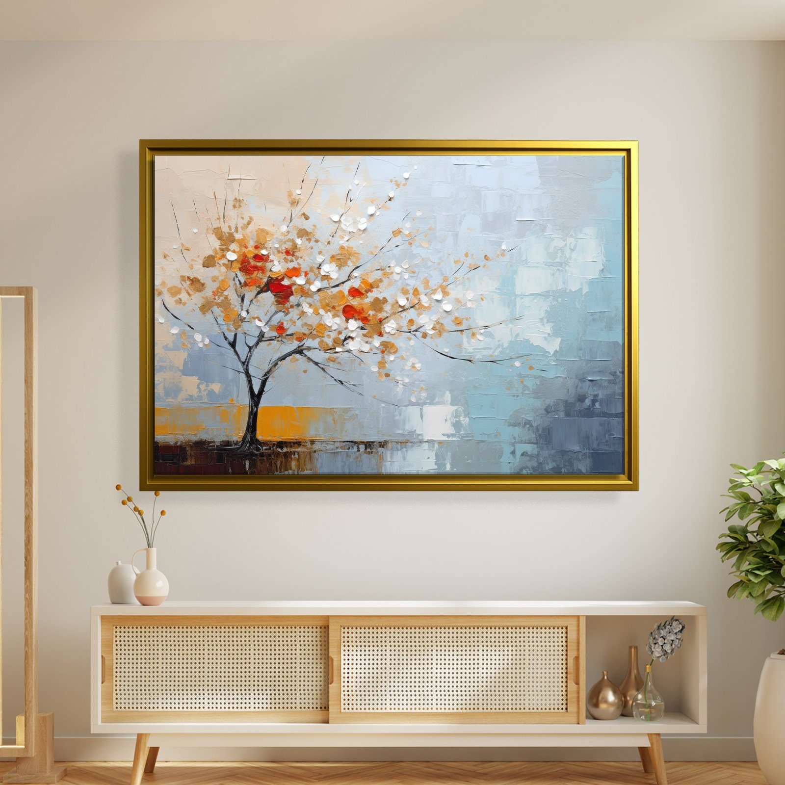 Kırmızı Çiçekli Hayat Ağacı Kanvas Tablo | Modern Soyut Premium Duvar Sanatı