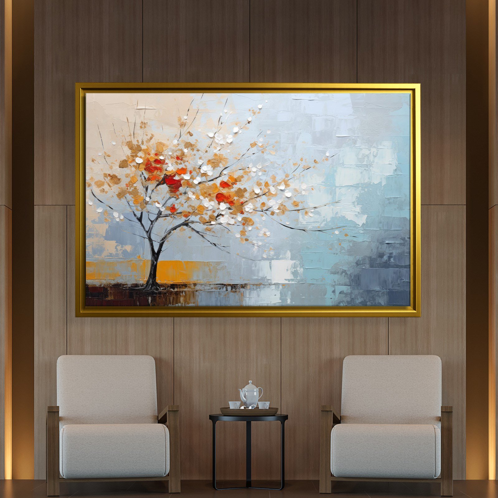 Kırmızı Çiçekli Hayat Ağacı Kanvas Tablo | Modern Soyut Premium Duvar Sanatı