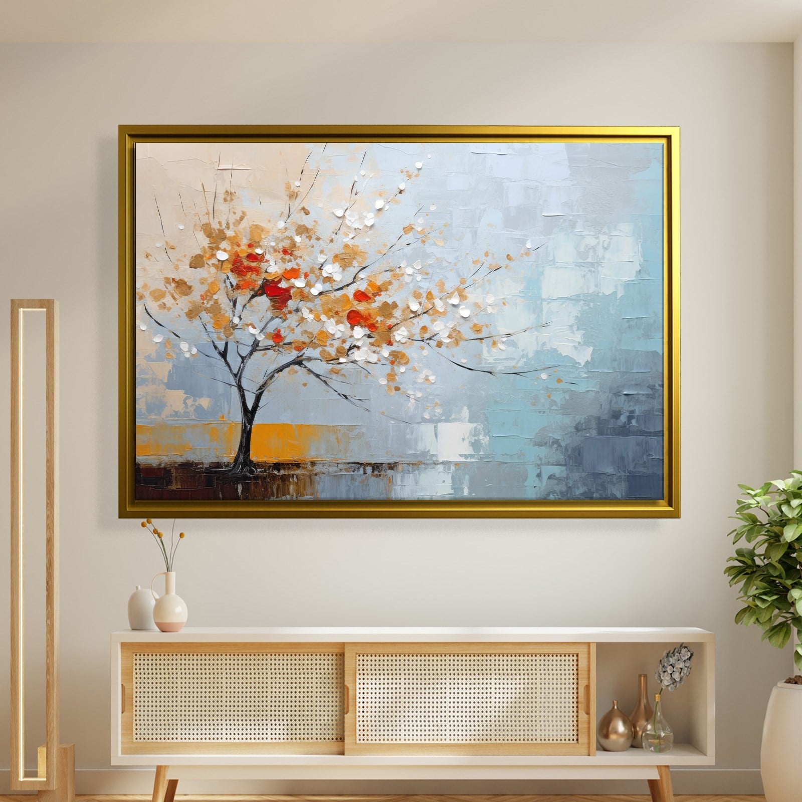 Kırmızı Çiçekli Hayat Ağacı Kanvas Tablo | Modern Soyut Premium Duvar Sanatı