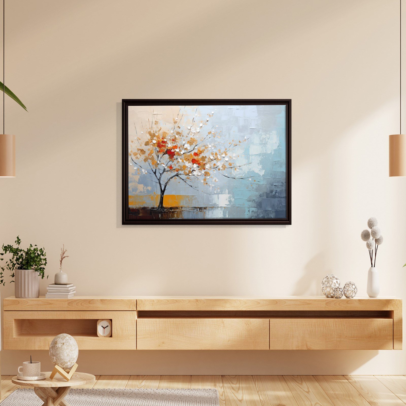 Kırmızı Çiçekli Hayat Ağacı Kanvas Tablo | Modern Soyut Premium Duvar Sanatı