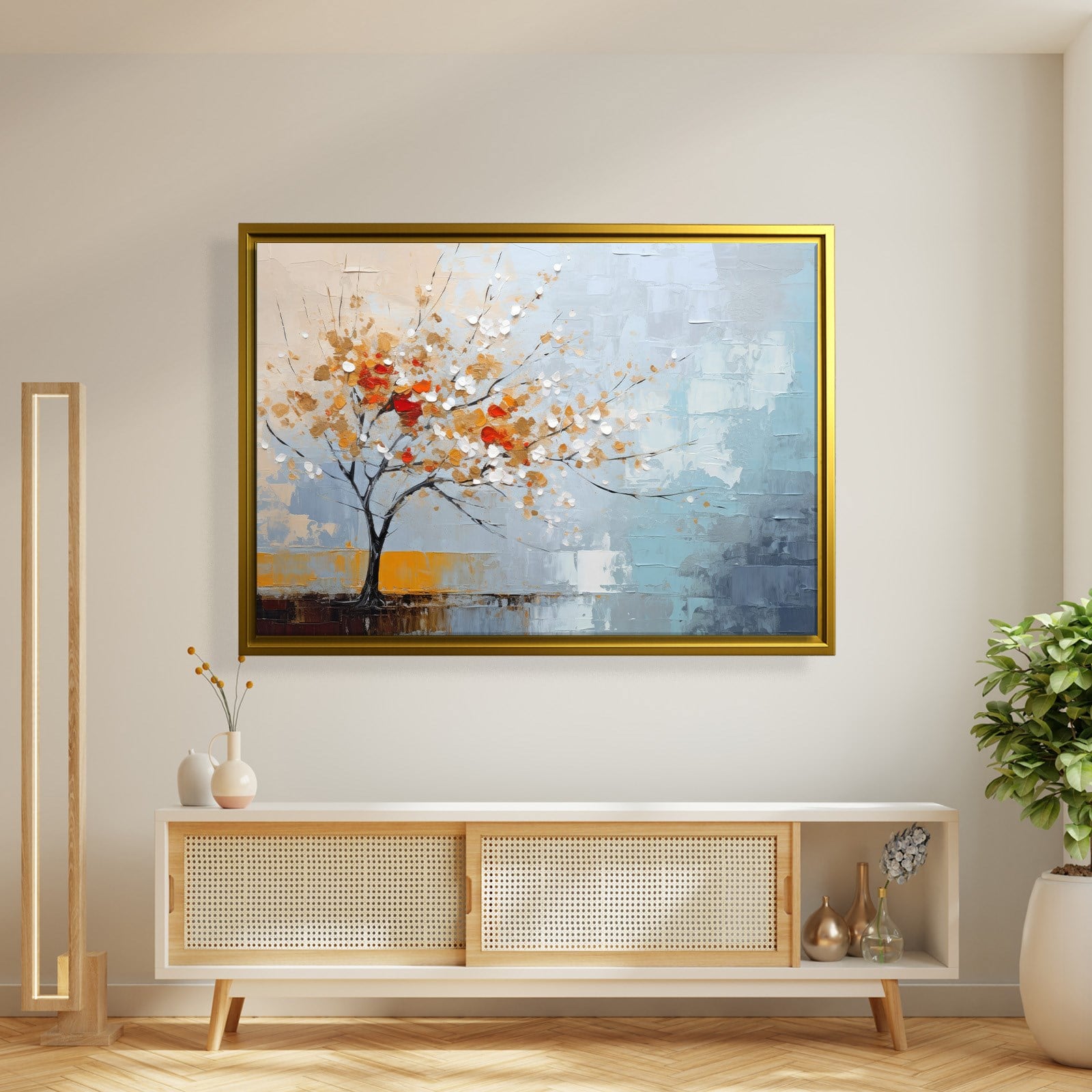 Kırmızı Çiçekli Hayat Ağacı Kanvas Tablo | Modern Soyut Premium Duvar Sanatı