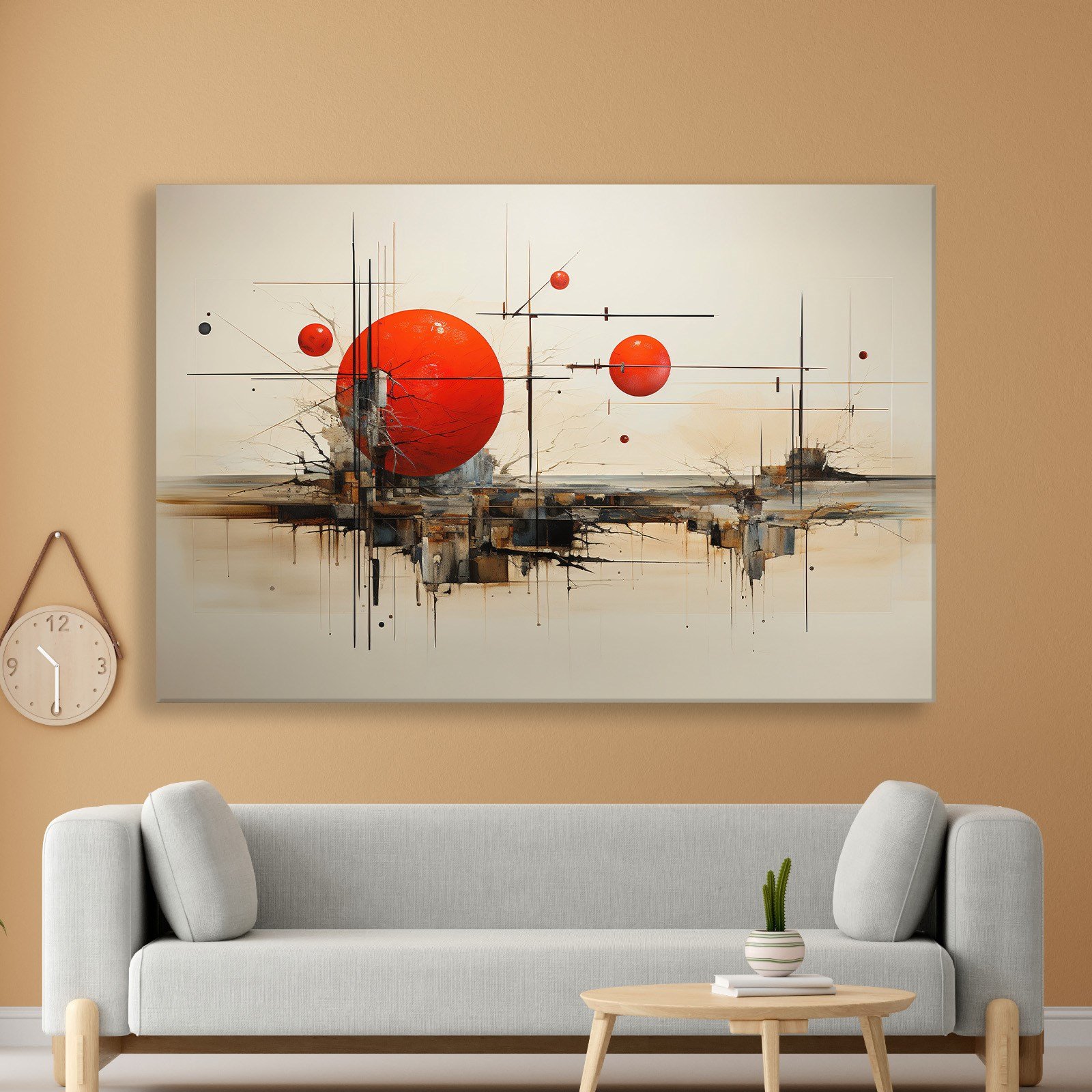 Kızıl Geometri – Kırmızı Küreler ve Endüstriyel Modern Soyut Kanvas Tablo