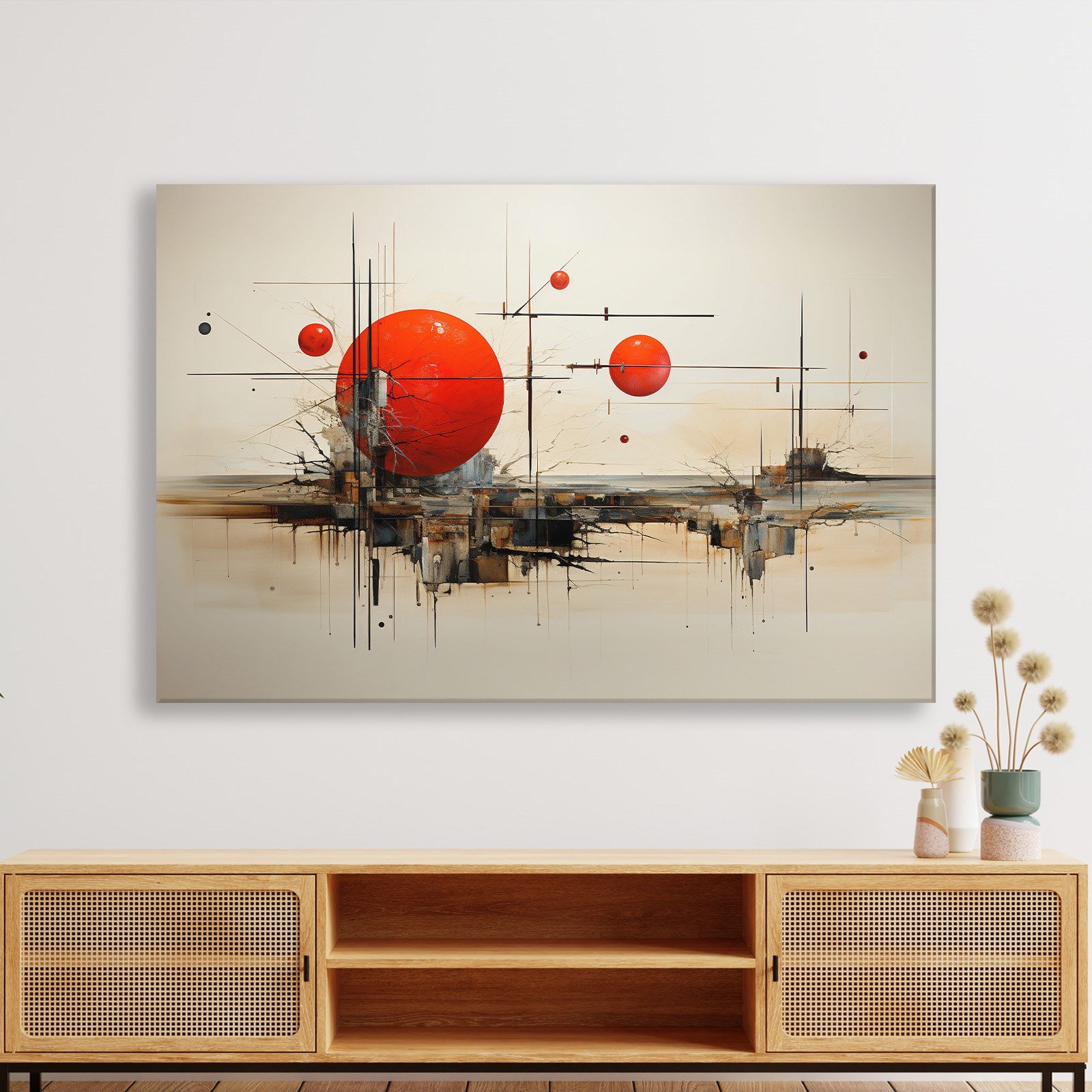 Kızıl Geometri – Kırmızı Küreler ve Endüstriyel Modern Soyut Kanvas Tablo
