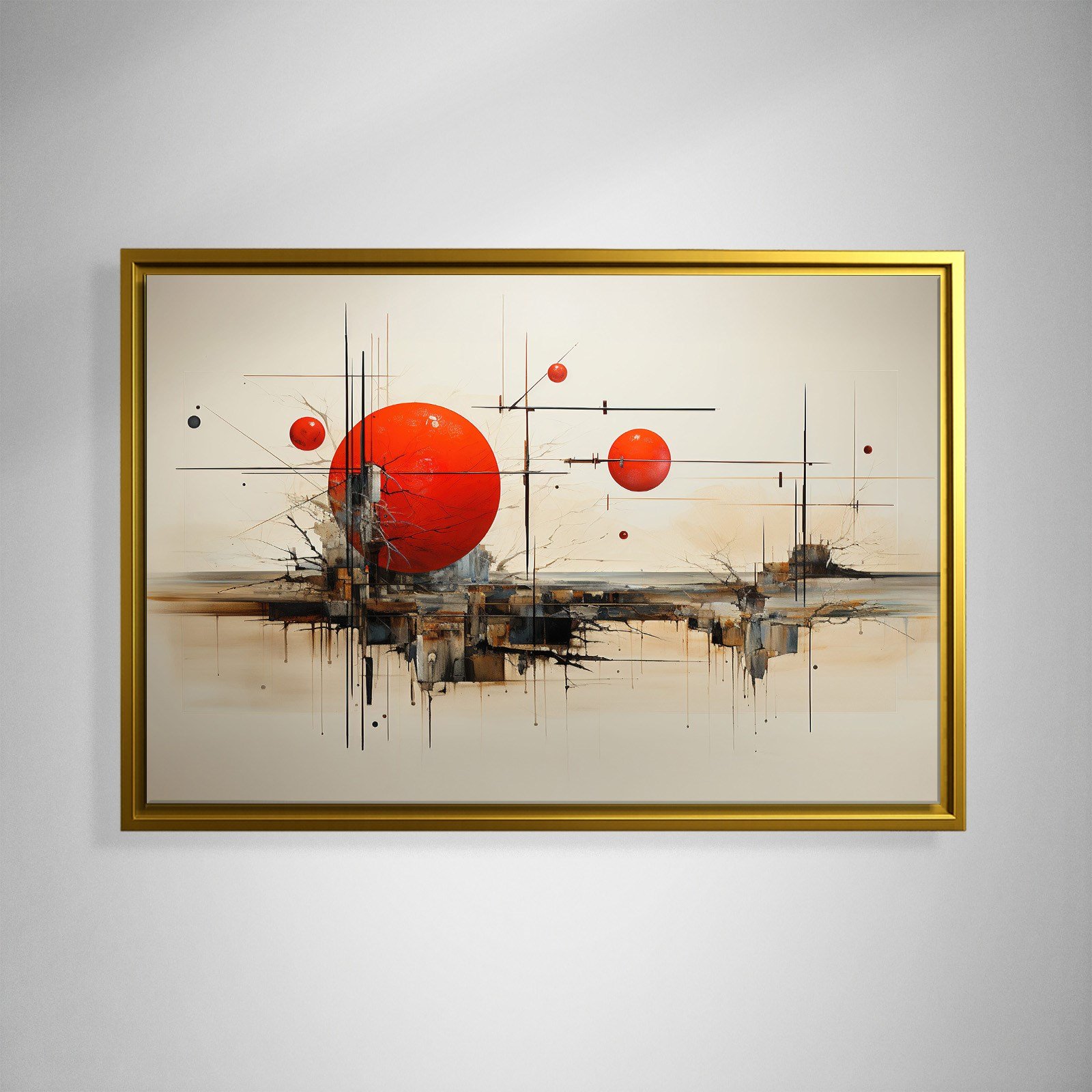 Kızıl Geometri – Kırmızı Küreler ve Endüstriyel Modern Soyut Kanvas Tablo