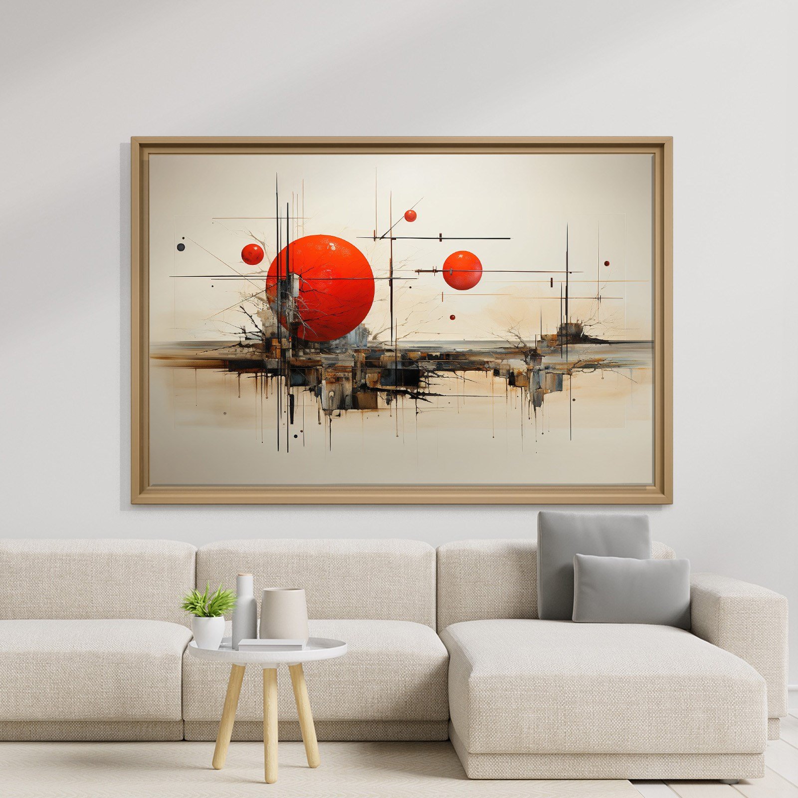 Kızıl Geometri – Kırmızı Küreler ve Endüstriyel Modern Soyut Kanvas Tablo