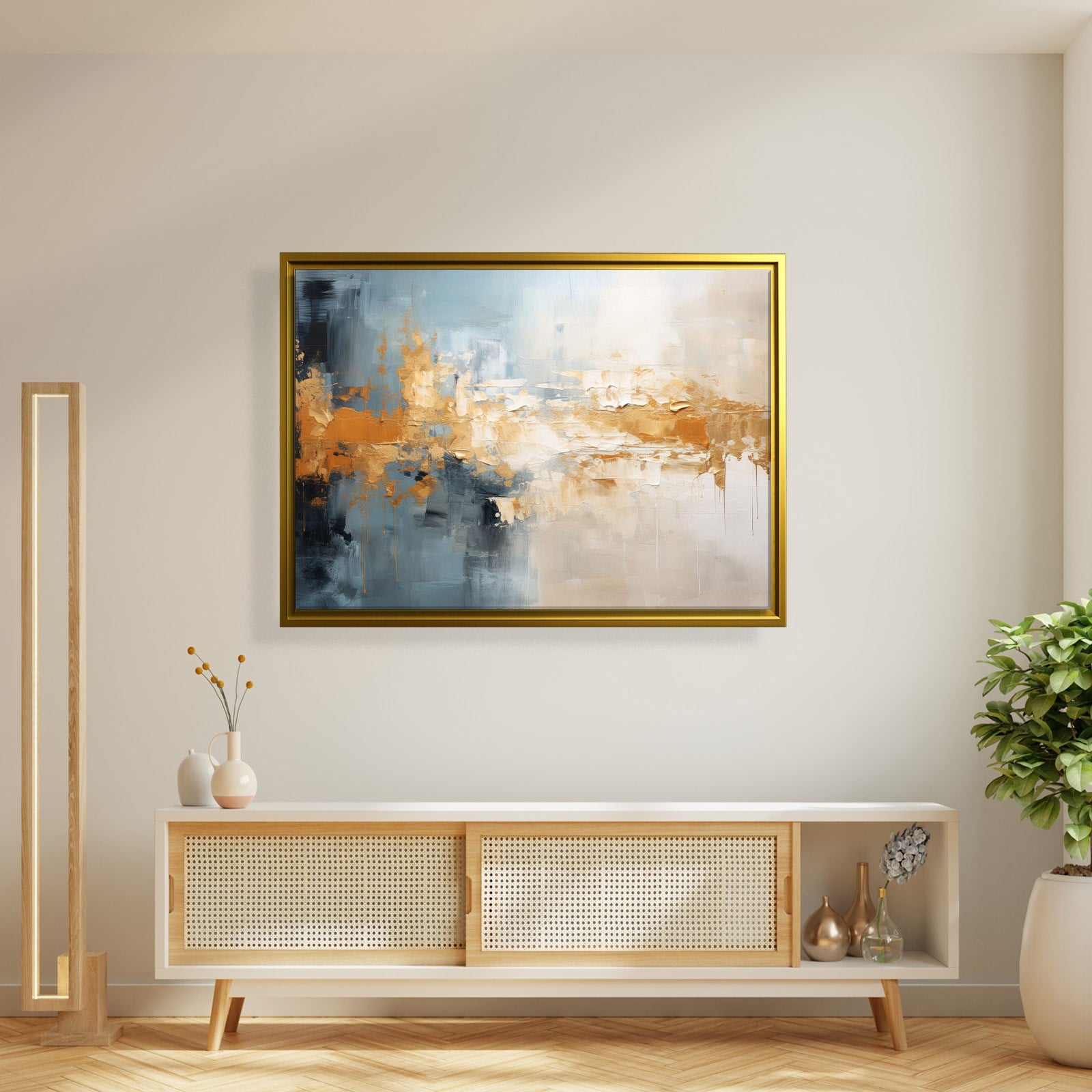 Mavi ve Altın Soyut Kanvas Tablo | Modern Dokulu Premium Duvar Sanatı