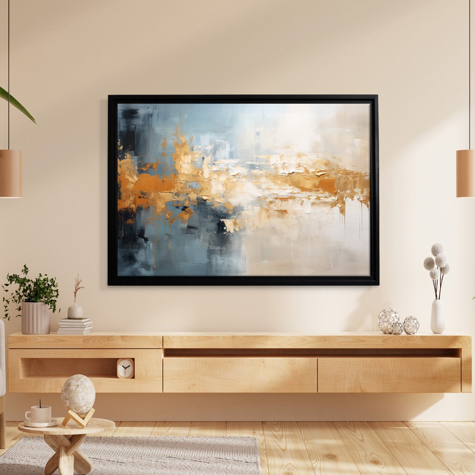 Mavi ve Altın Soyut Kanvas Tablo | Modern Dokulu Premium Duvar Sanatı