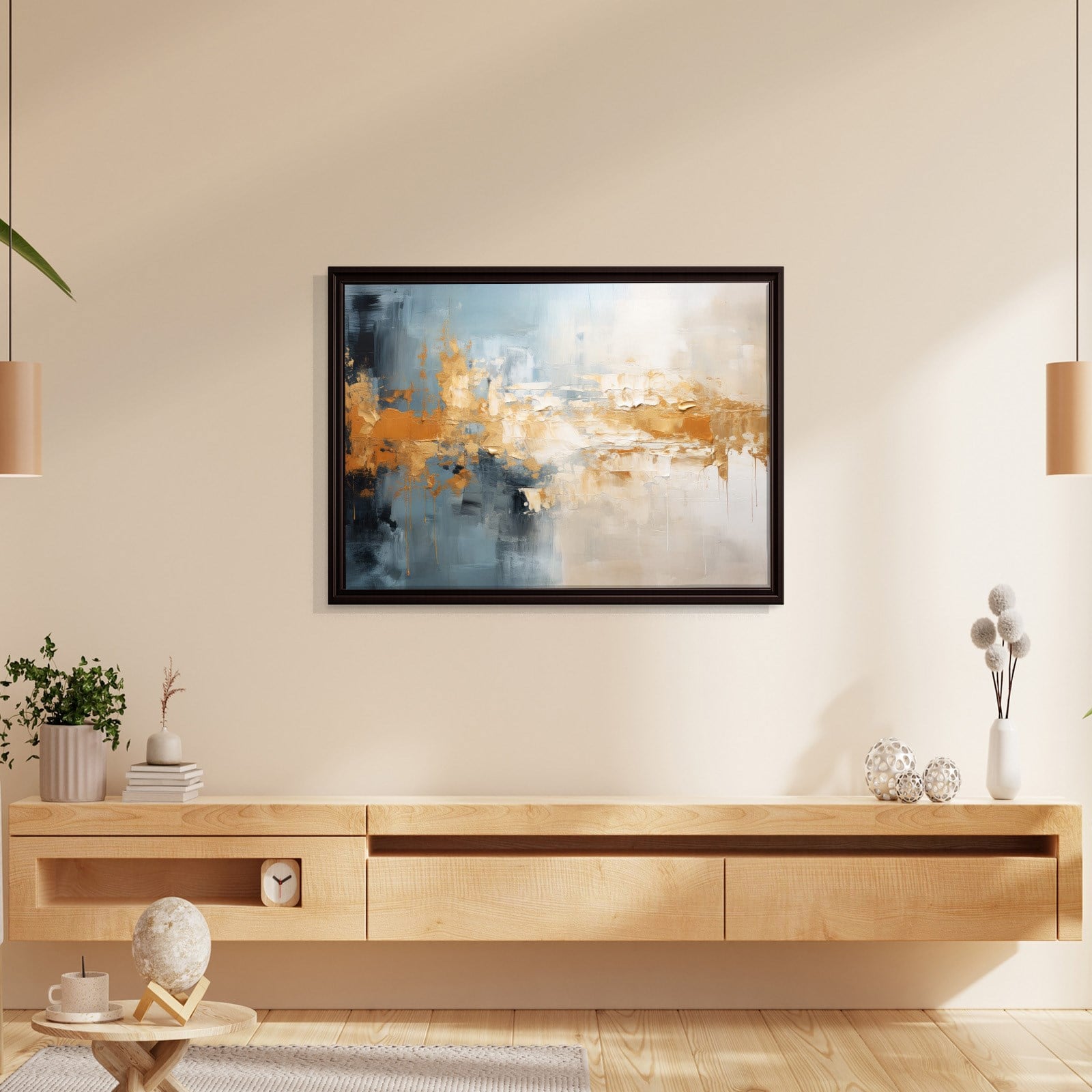 Mavi ve Altın Soyut Kanvas Tablo | Modern Dokulu Premium Duvar Sanatı