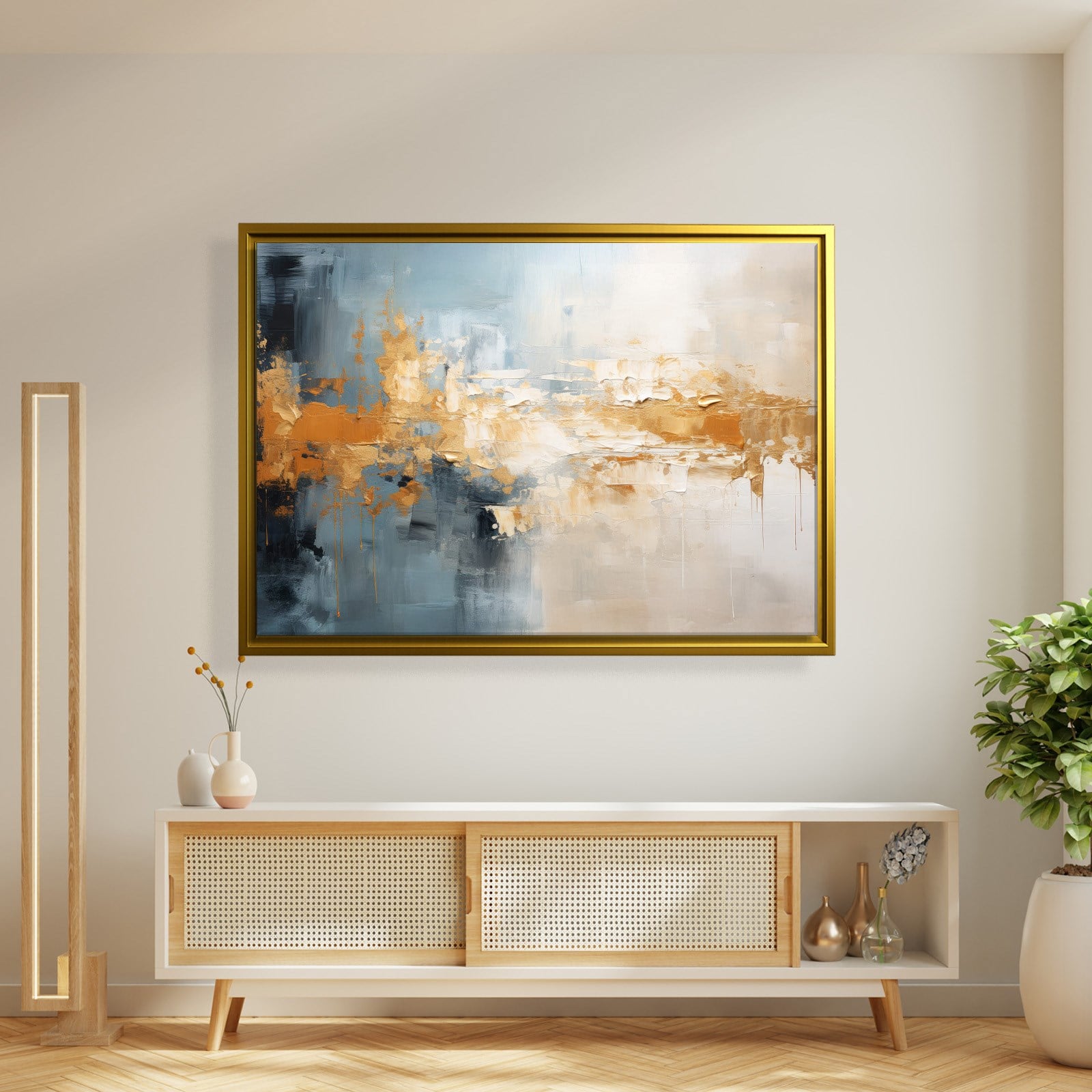 Mavi ve Altın Soyut Kanvas Tablo | Modern Dokulu Premium Duvar Sanatı