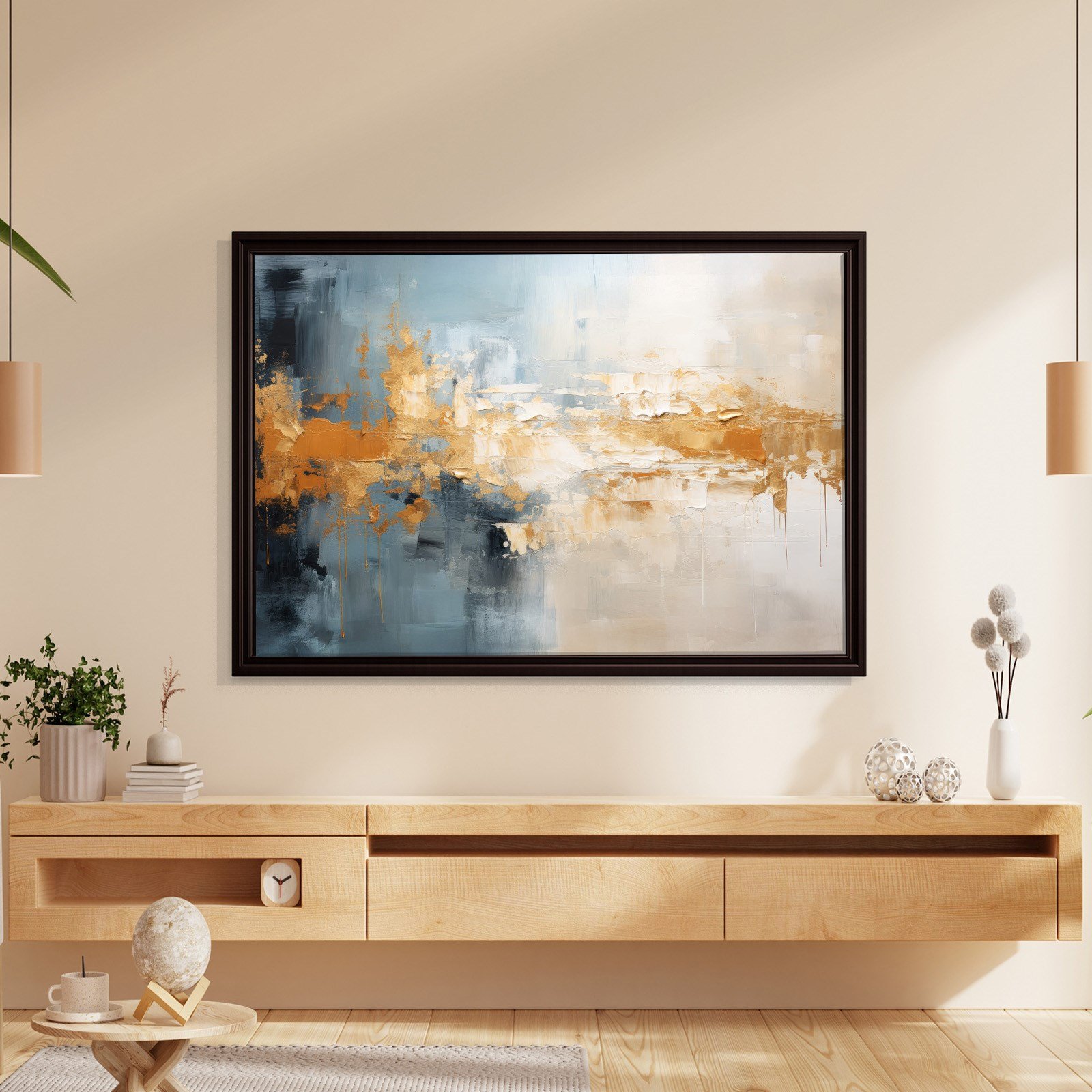 Mavi ve Altın Soyut Kanvas Tablo | Modern Dokulu Premium Duvar Sanatı