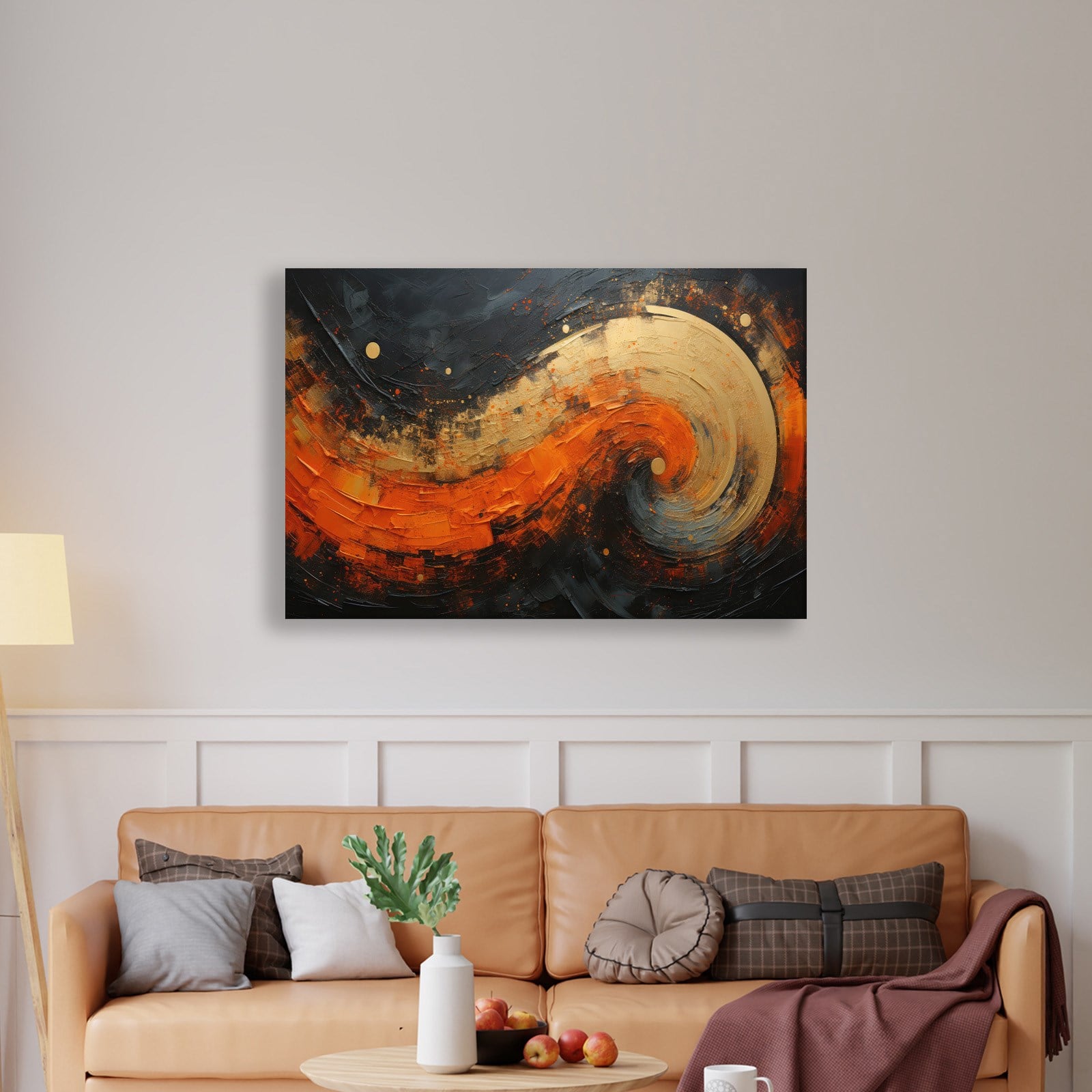 Modern Turuncu Siyah Soyut Kanvas Tablo | Altın Dokulu Premium Abstract Wall Art