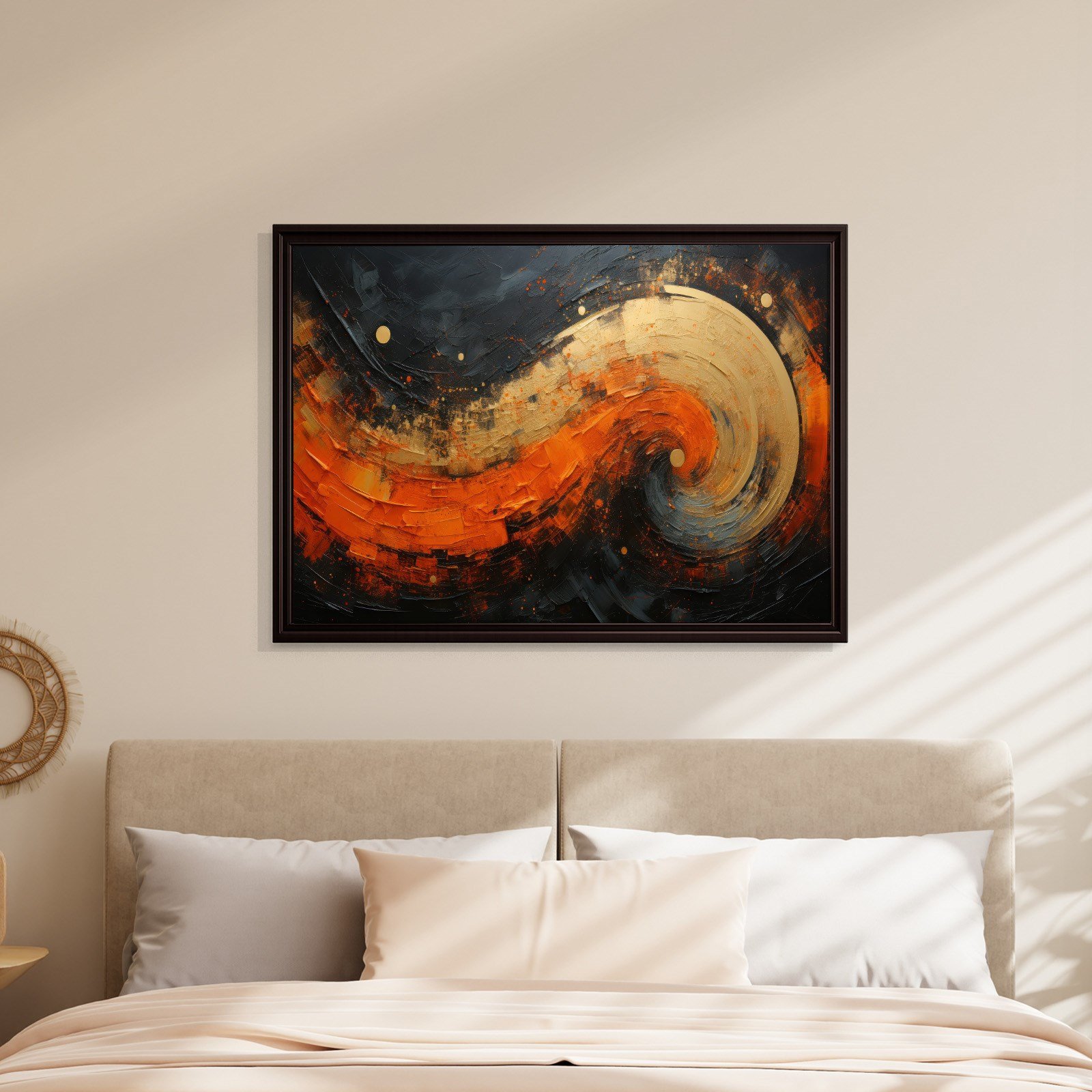 Modern Turuncu Siyah Soyut Kanvas Tablo | Altın Dokulu Premium Abstract Wall Art