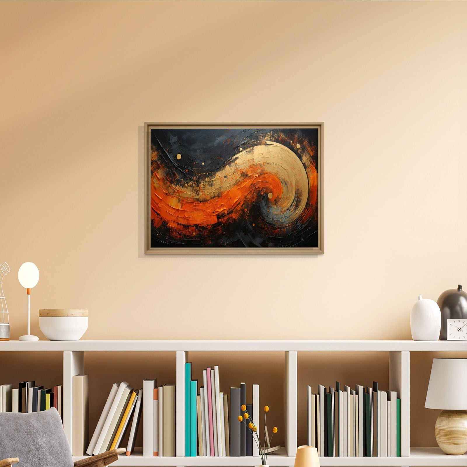 Modern Turuncu Siyah Soyut Kanvas Tablo | Altın Dokulu Premium Abstract Wall Art