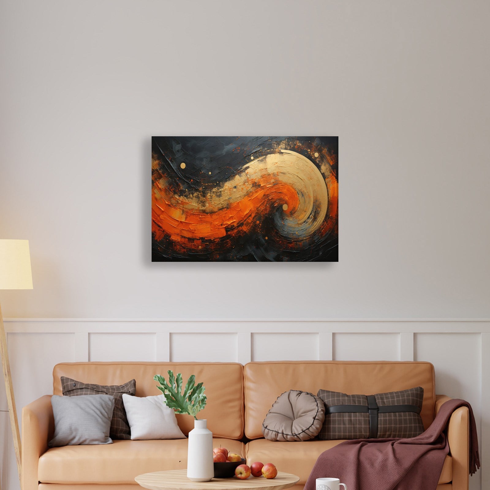 Modern Turuncu Siyah Soyut Kanvas Tablo | Altın Dokulu Premium Abstract Wall Art