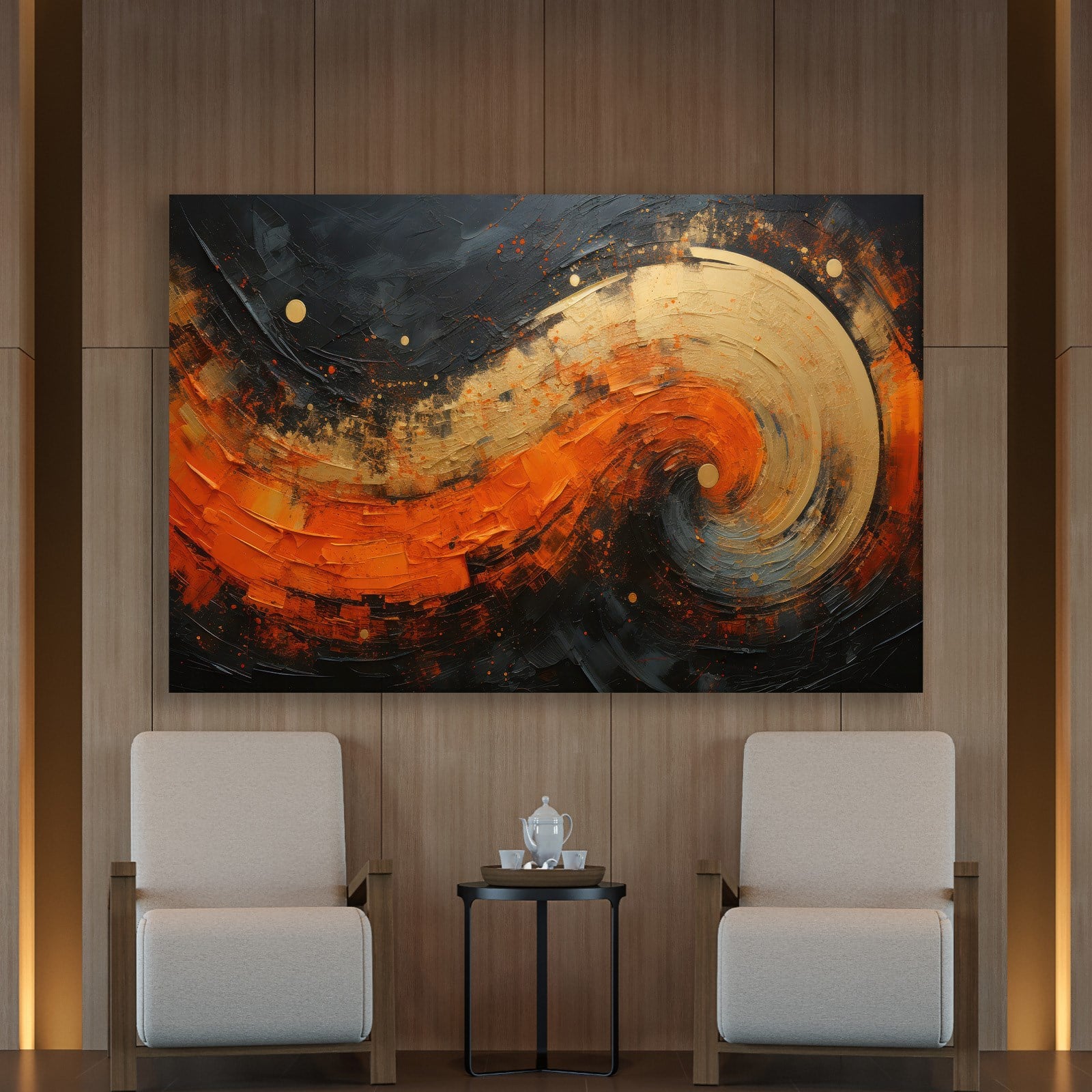 Modern Turuncu Siyah Soyut Kanvas Tablo | Altın Dokulu Premium Abstract Wall Art