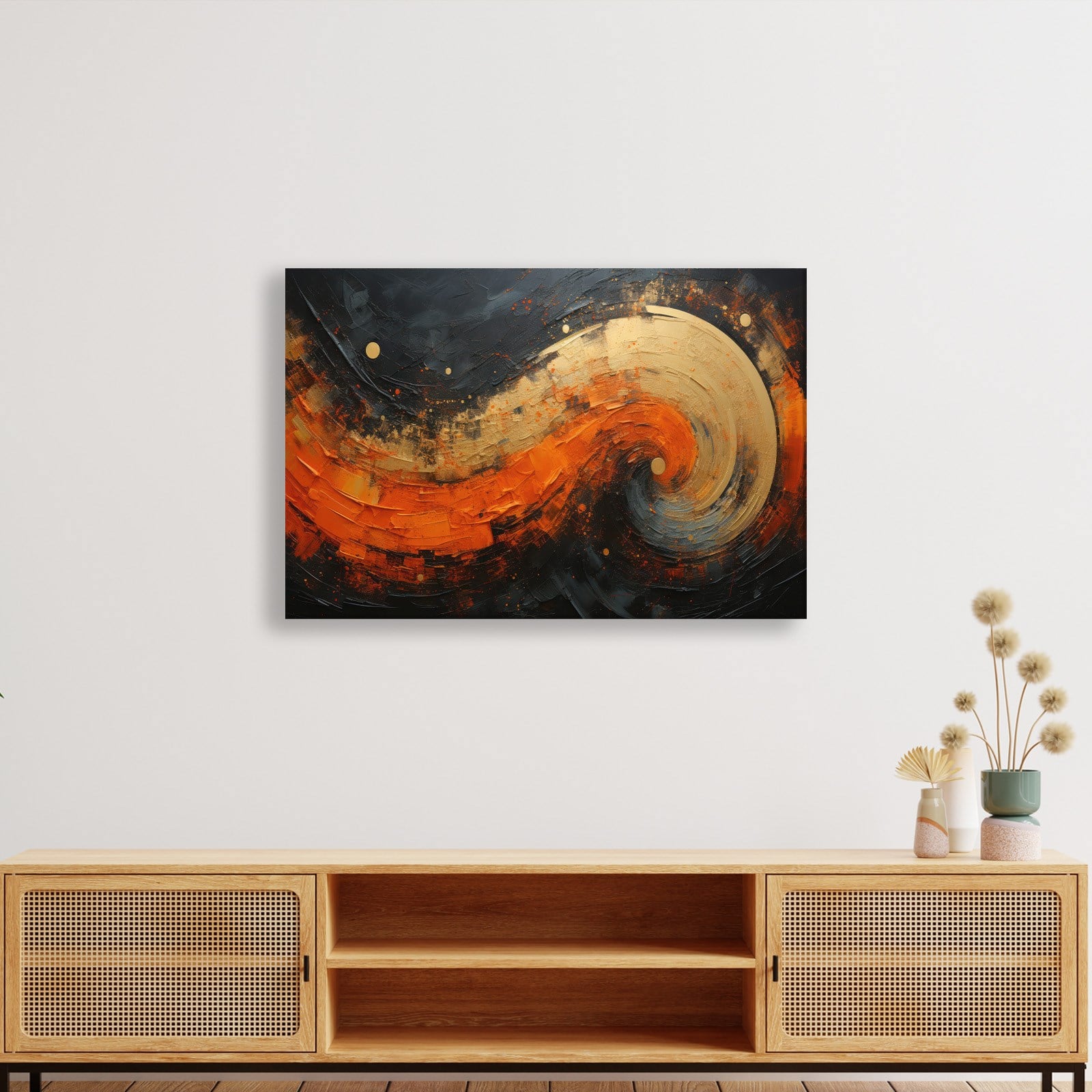 Modern Turuncu Siyah Soyut Kanvas Tablo | Altın Dokulu Premium Abstract Wall Art