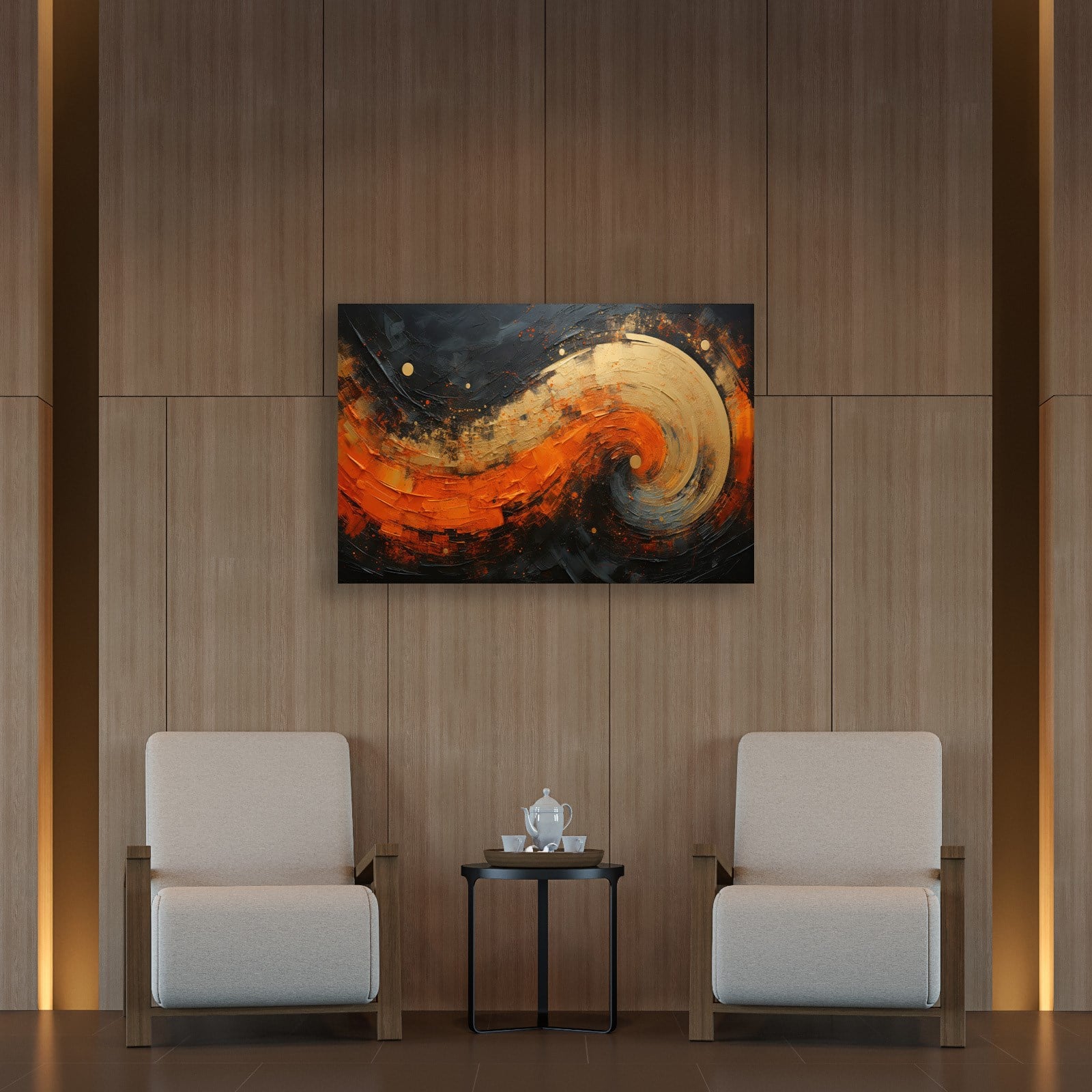 Modern Turuncu Siyah Soyut Kanvas Tablo | Altın Dokulu Premium Abstract Wall Art