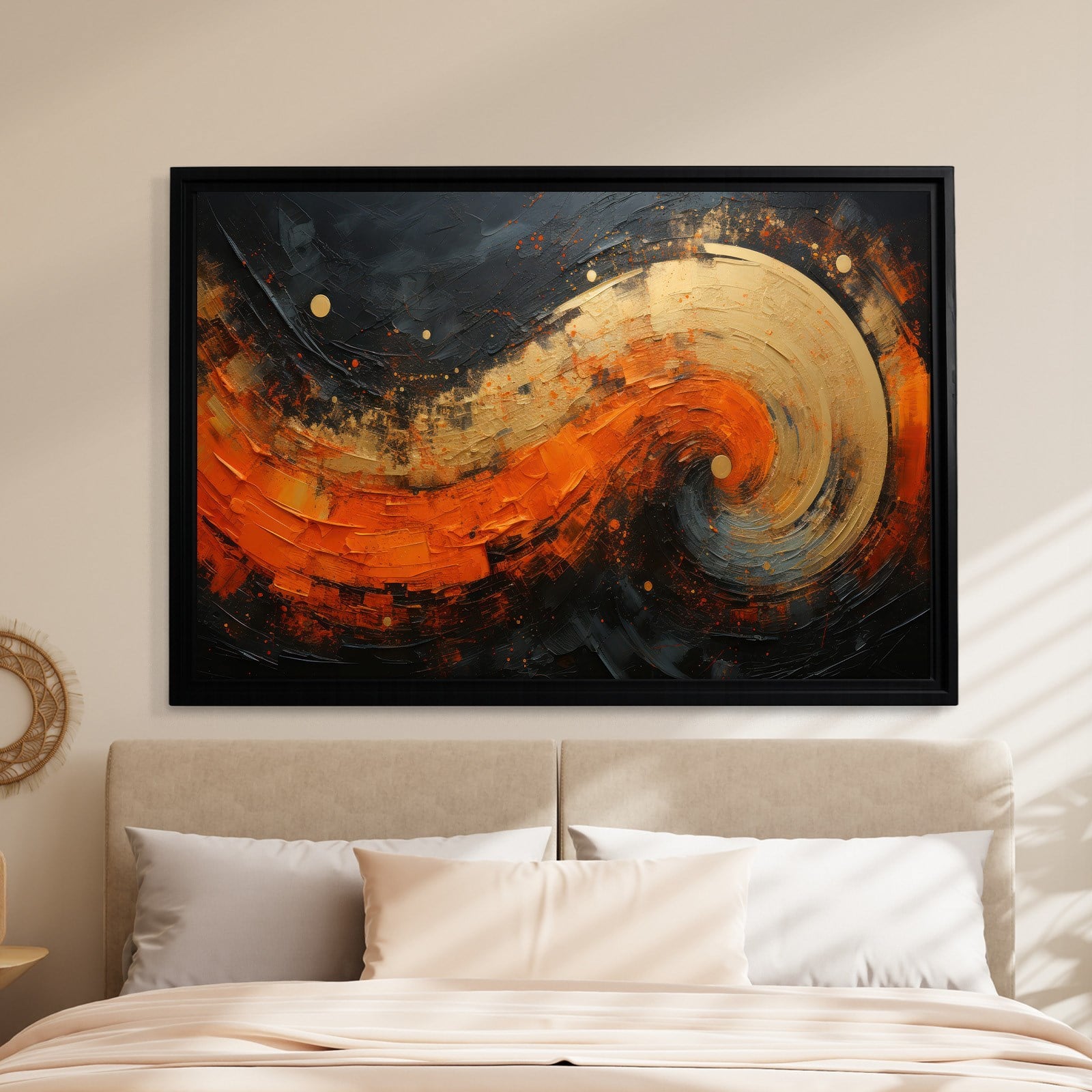 Modern Turuncu Siyah Soyut Kanvas Tablo | Altın Dokulu Premium Abstract Wall Art