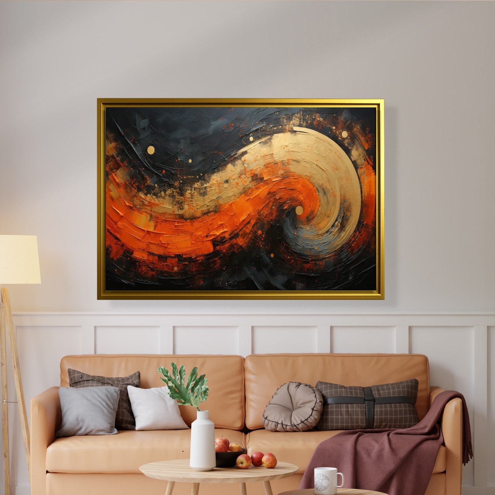 Modern Turuncu Siyah Soyut Kanvas Tablo | Altın Dokulu Premium Abstract Wall Art