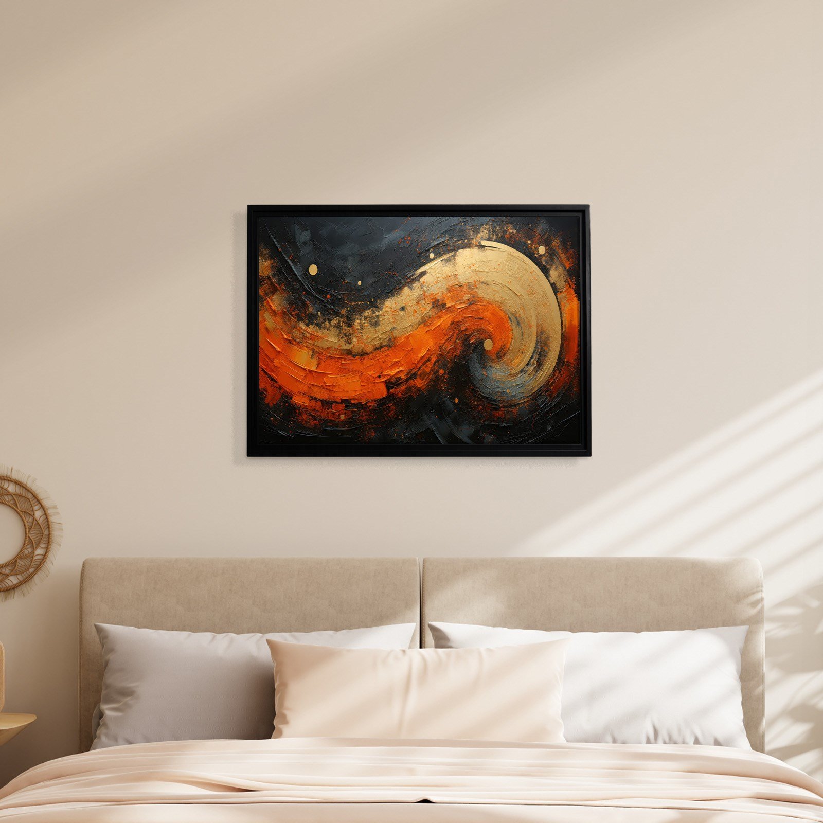 Modern Turuncu Siyah Soyut Kanvas Tablo | Altın Dokulu Premium Abstract Wall Art