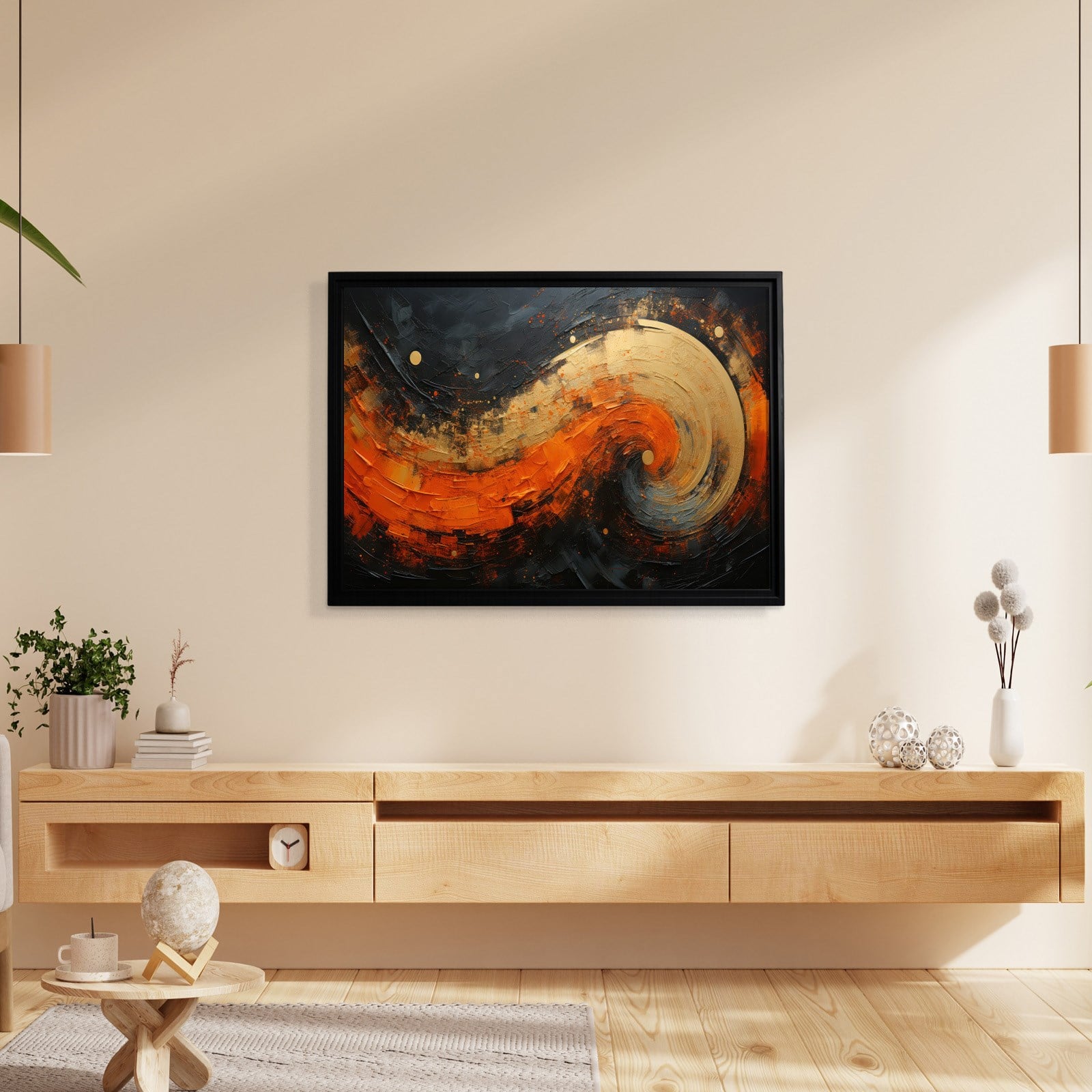 Modern Turuncu Siyah Soyut Kanvas Tablo | Altın Dokulu Premium Abstract Wall Art