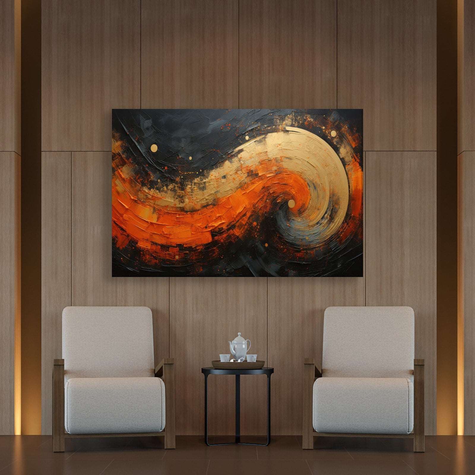Modern Turuncu Siyah Soyut Kanvas Tablo | Altın Dokulu Premium Abstract Wall Art