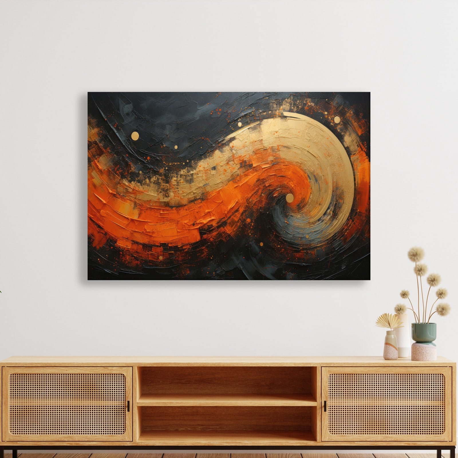 Modern Turuncu Siyah Soyut Kanvas Tablo | Altın Dokulu Premium Abstract Wall Art