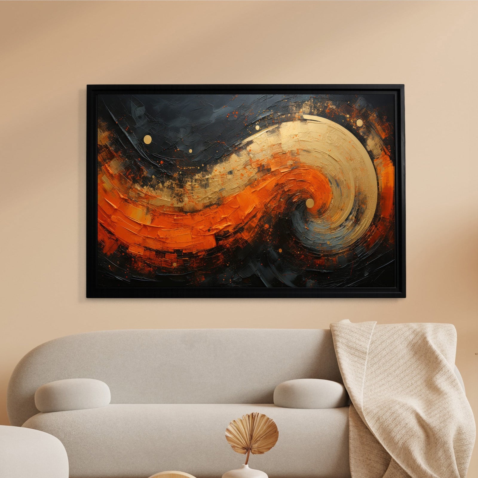 Modern Turuncu Siyah Soyut Kanvas Tablo | Altın Dokulu Premium Abstract Wall Art