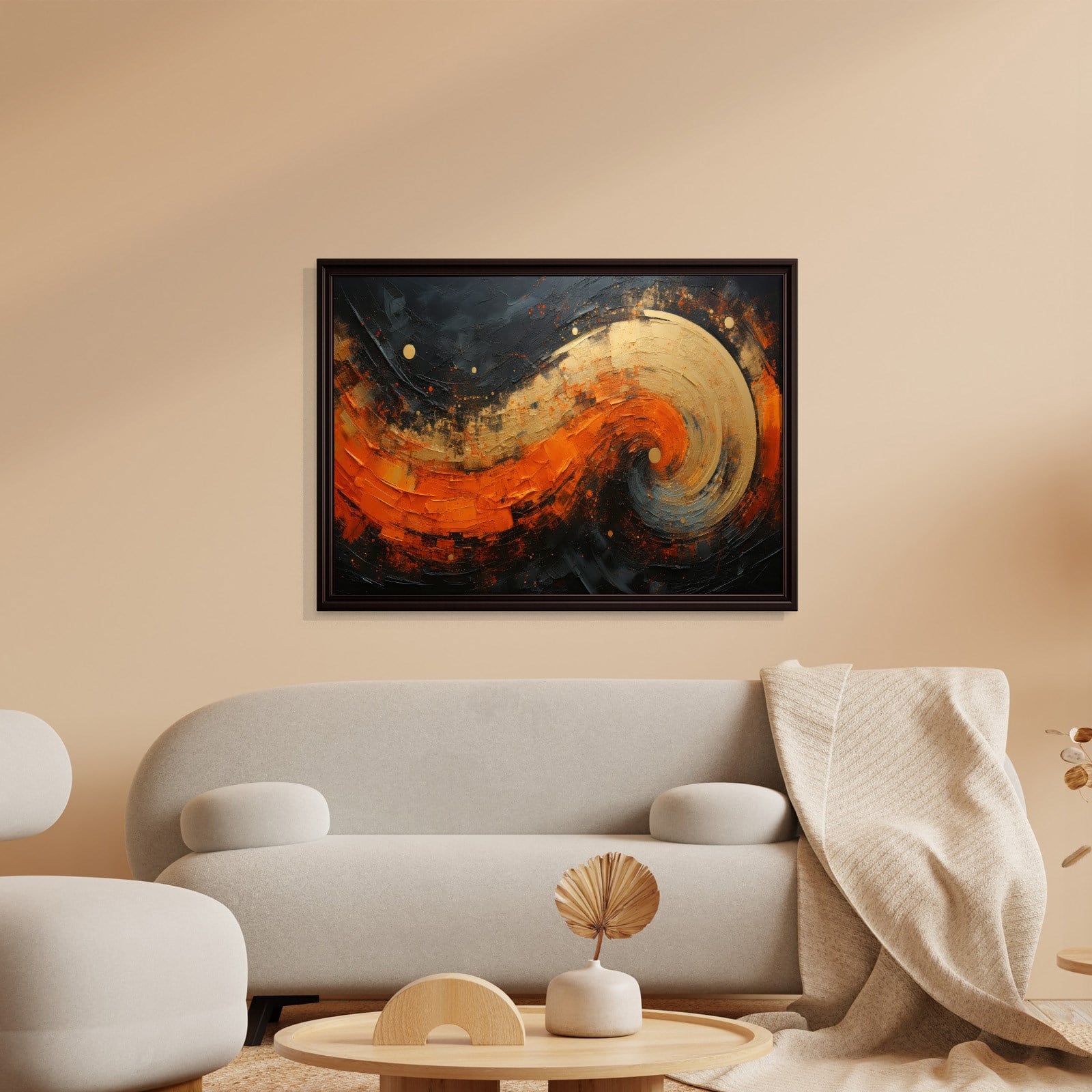 Modern Turuncu Siyah Soyut Kanvas Tablo | Altın Dokulu Premium Abstract Wall Art