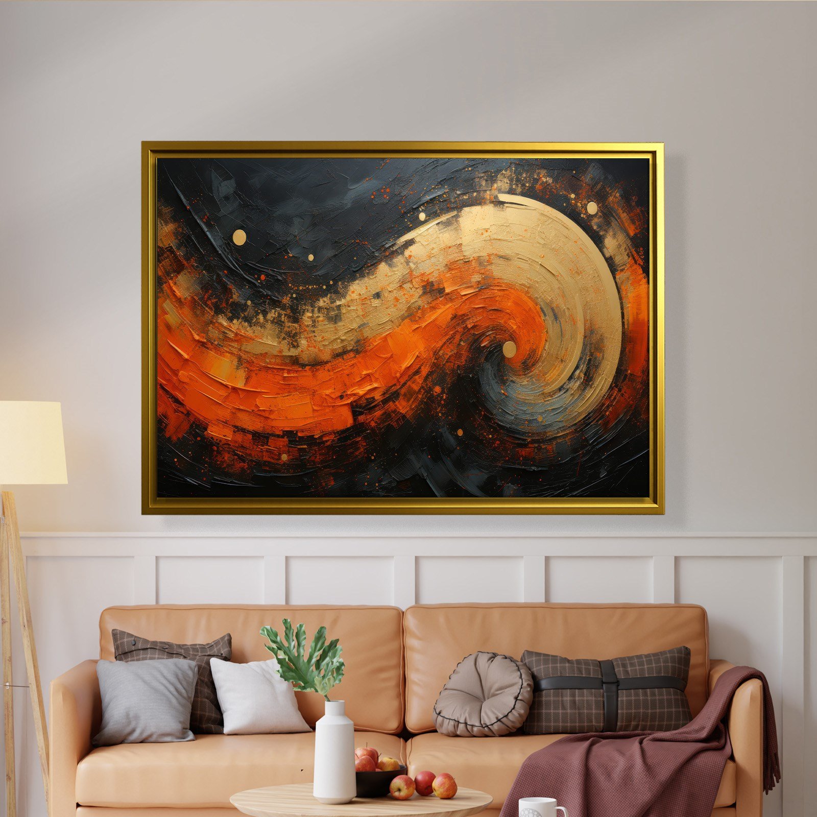 Modern Turuncu Siyah Soyut Kanvas Tablo | Altın Dokulu Premium Abstract Wall Art