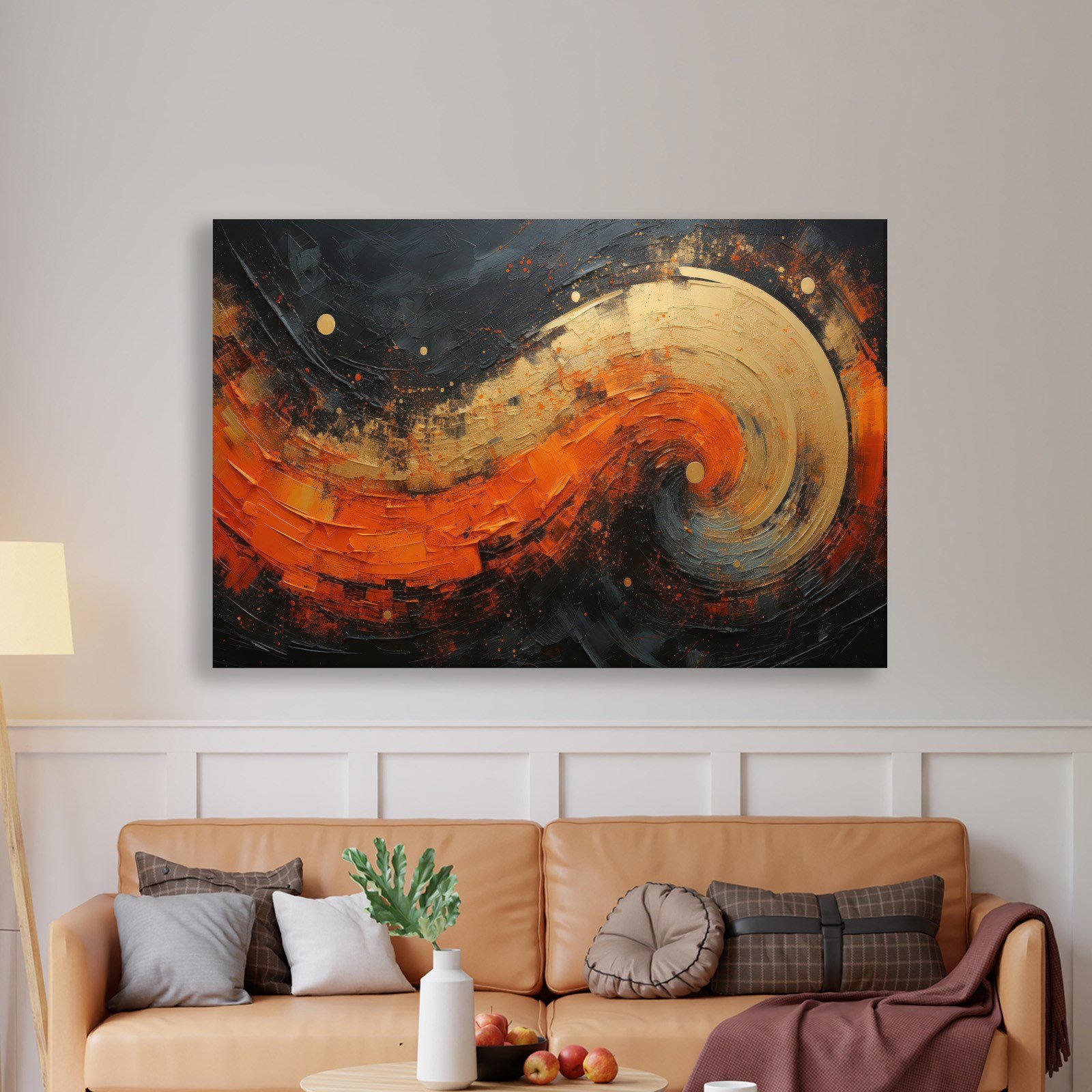 Modern Turuncu Siyah Soyut Kanvas Tablo | Altın Dokulu Premium Abstract Wall Art