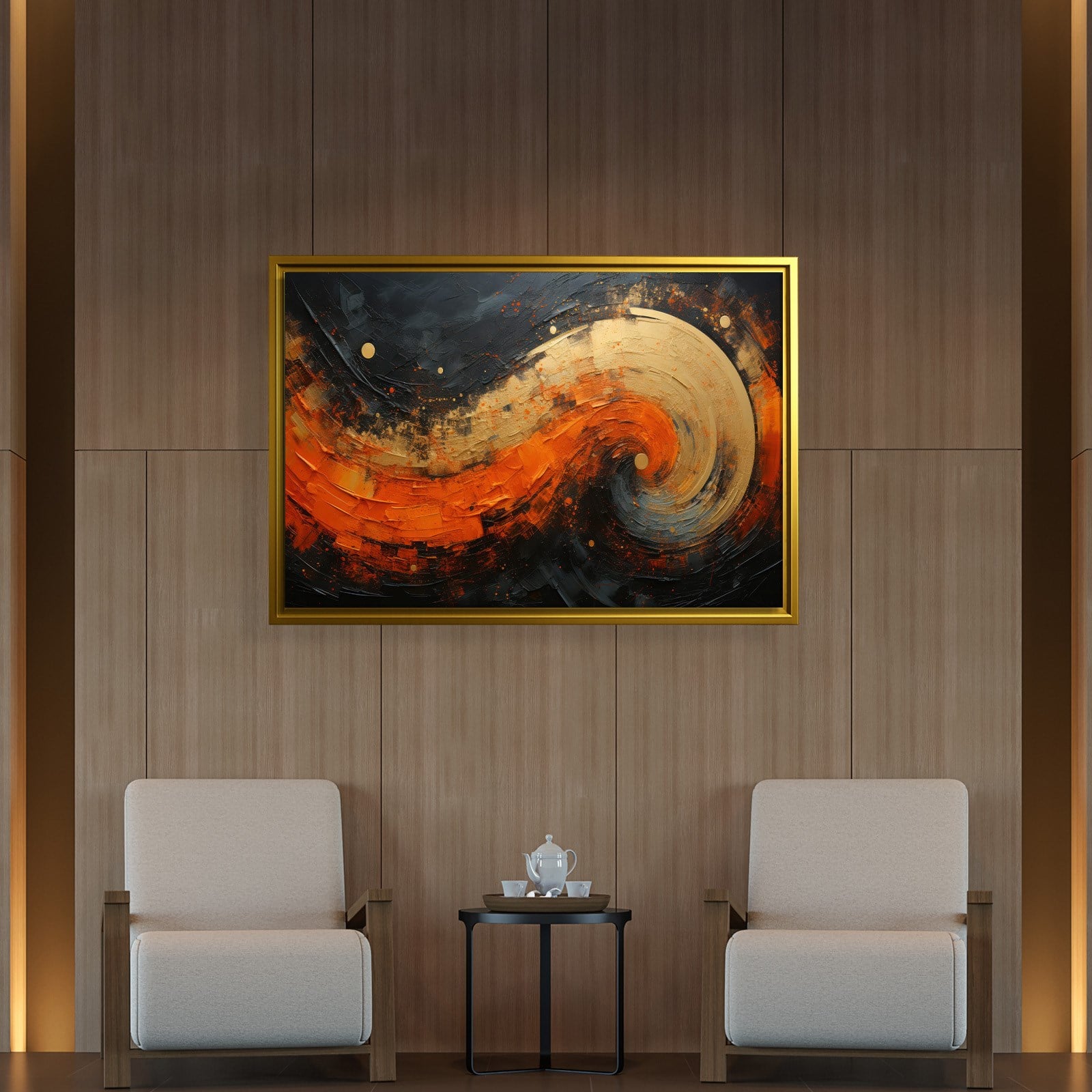 Modern Turuncu Siyah Soyut Kanvas Tablo | Altın Dokulu Premium Abstract Wall Art