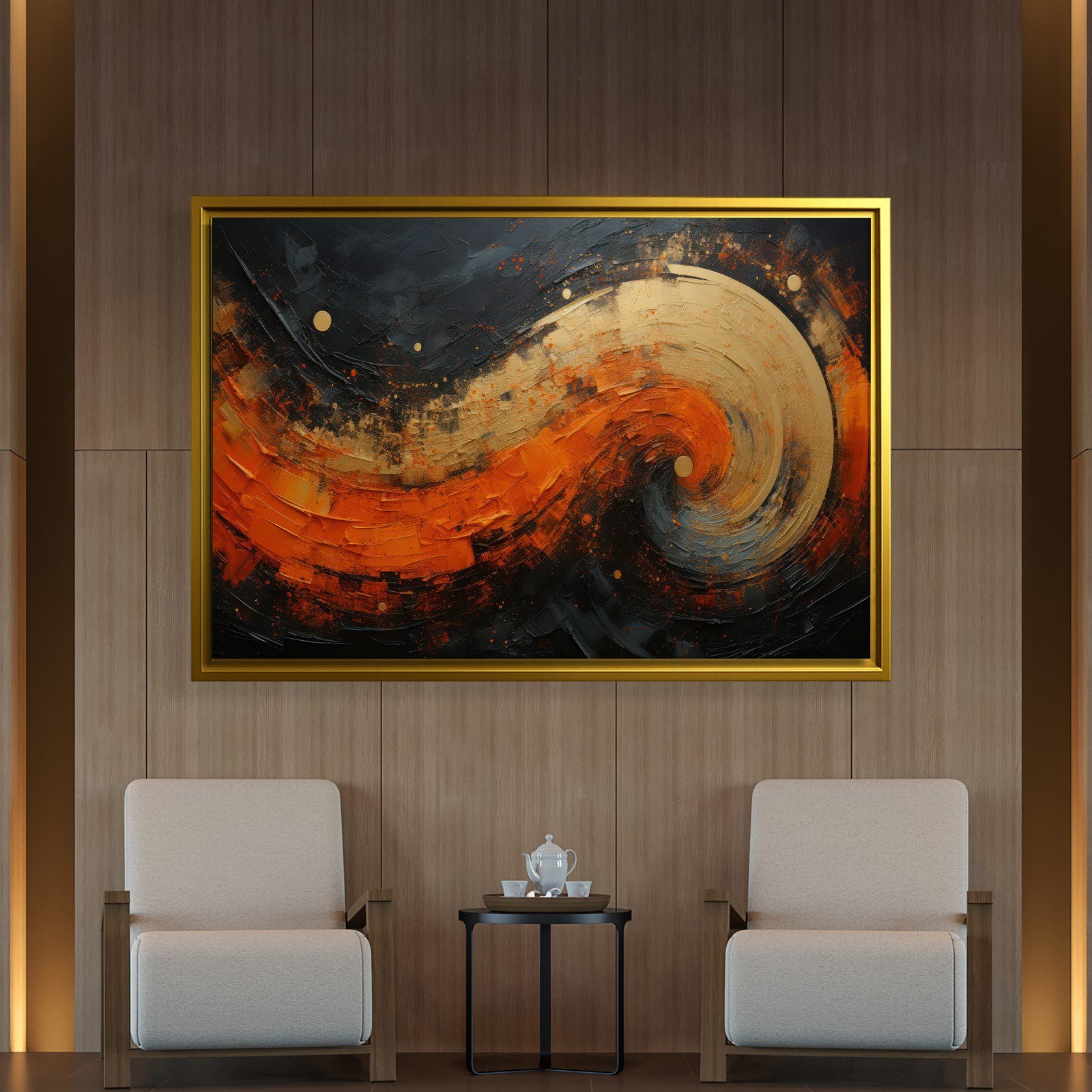 Modern Turuncu Siyah Soyut Kanvas Tablo | Altın Dokulu Premium Abstract Wall Art