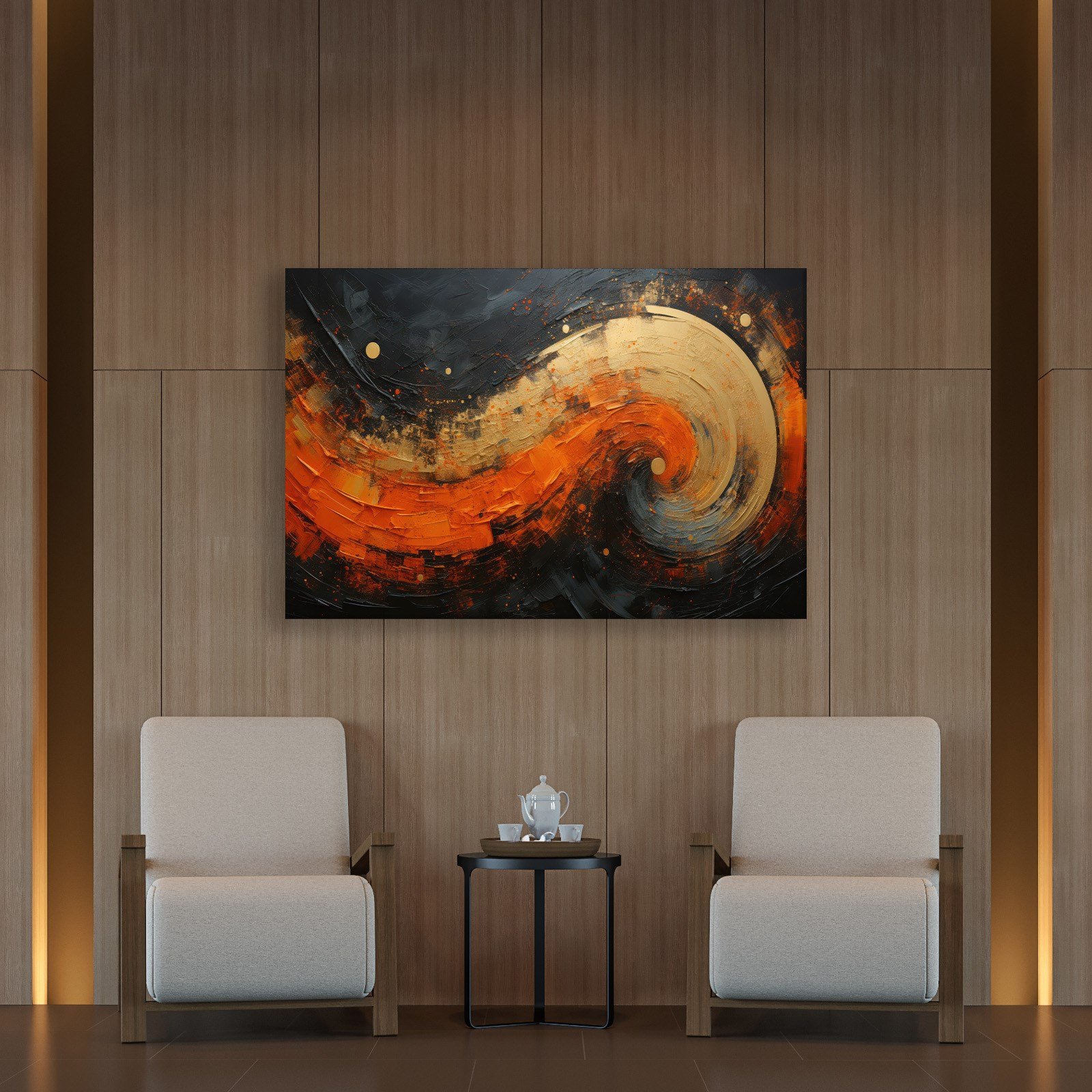 Modern Turuncu Siyah Soyut Kanvas Tablo | Altın Dokulu Premium Abstract Wall Art
