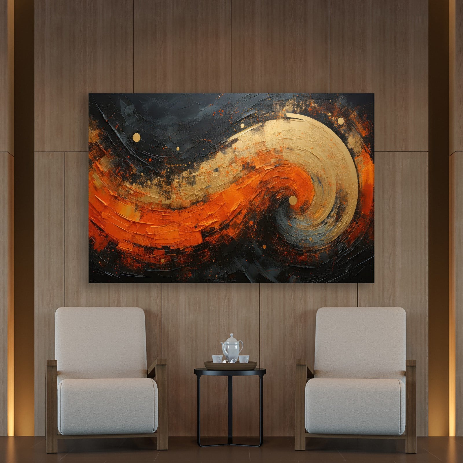 Modern Turuncu Siyah Soyut Kanvas Tablo | Altın Dokulu Premium Abstract Wall Art