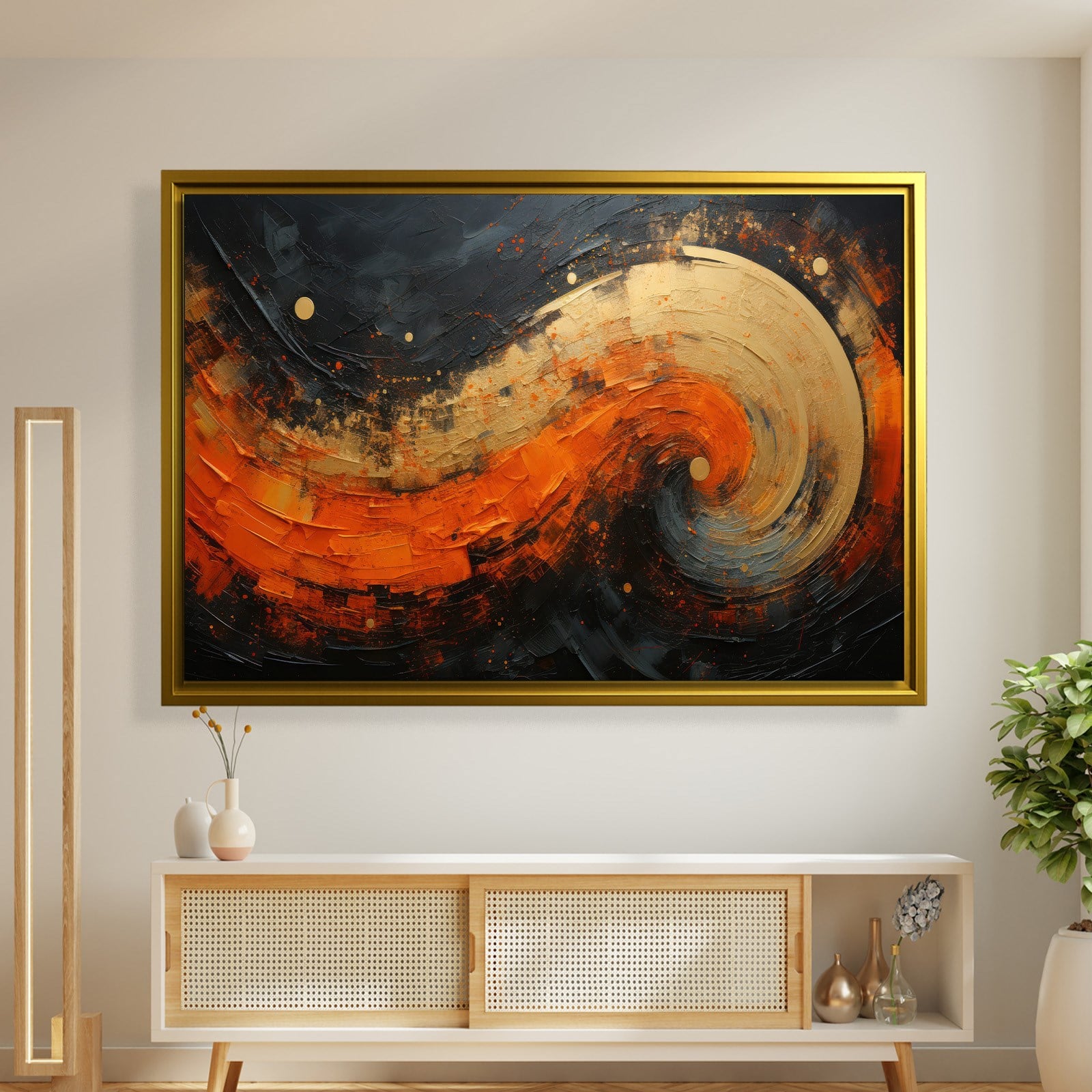 Modern Turuncu Siyah Soyut Kanvas Tablo | Altın Dokulu Premium Abstract Wall Art