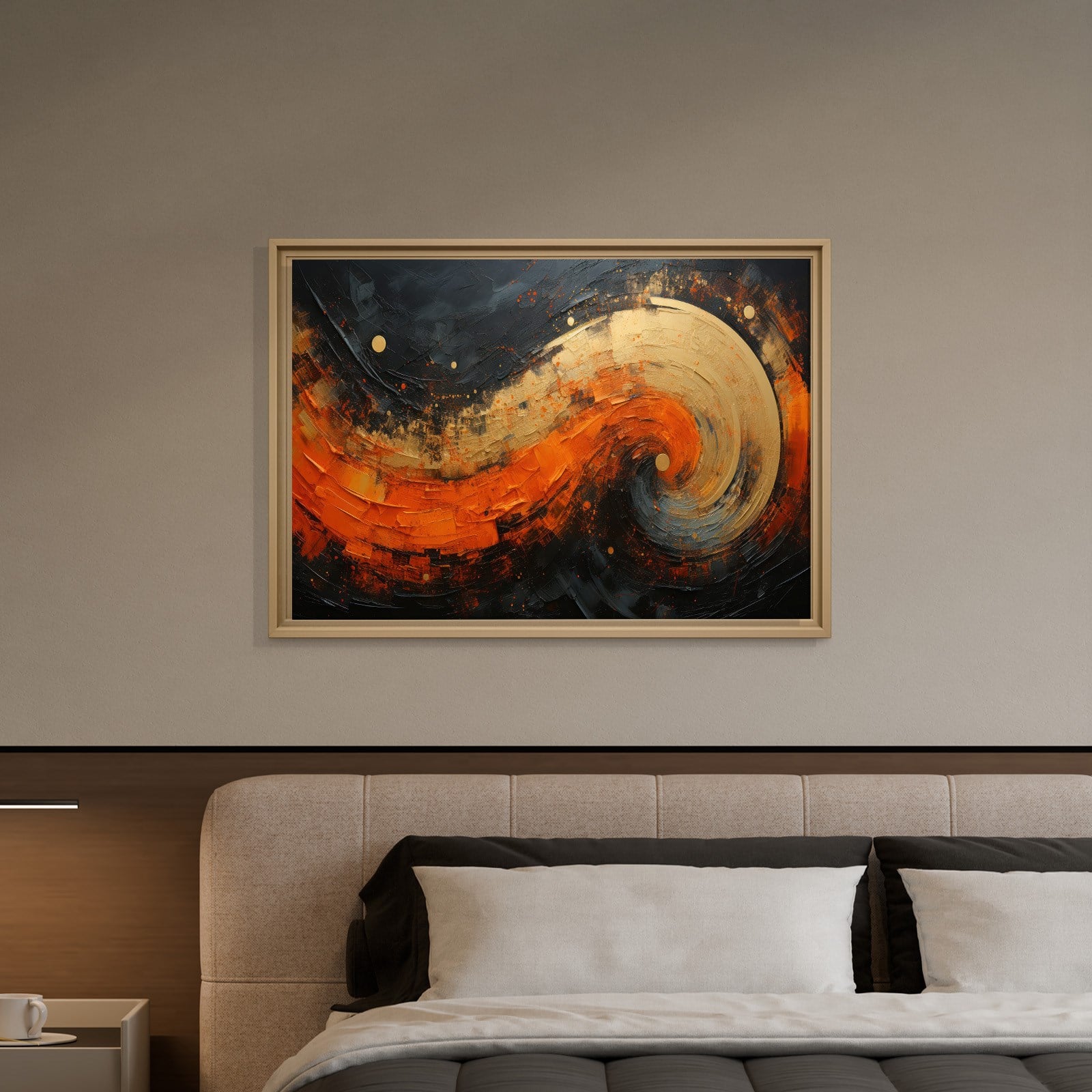 Modern Turuncu Siyah Soyut Kanvas Tablo | Altın Dokulu Premium Abstract Wall Art