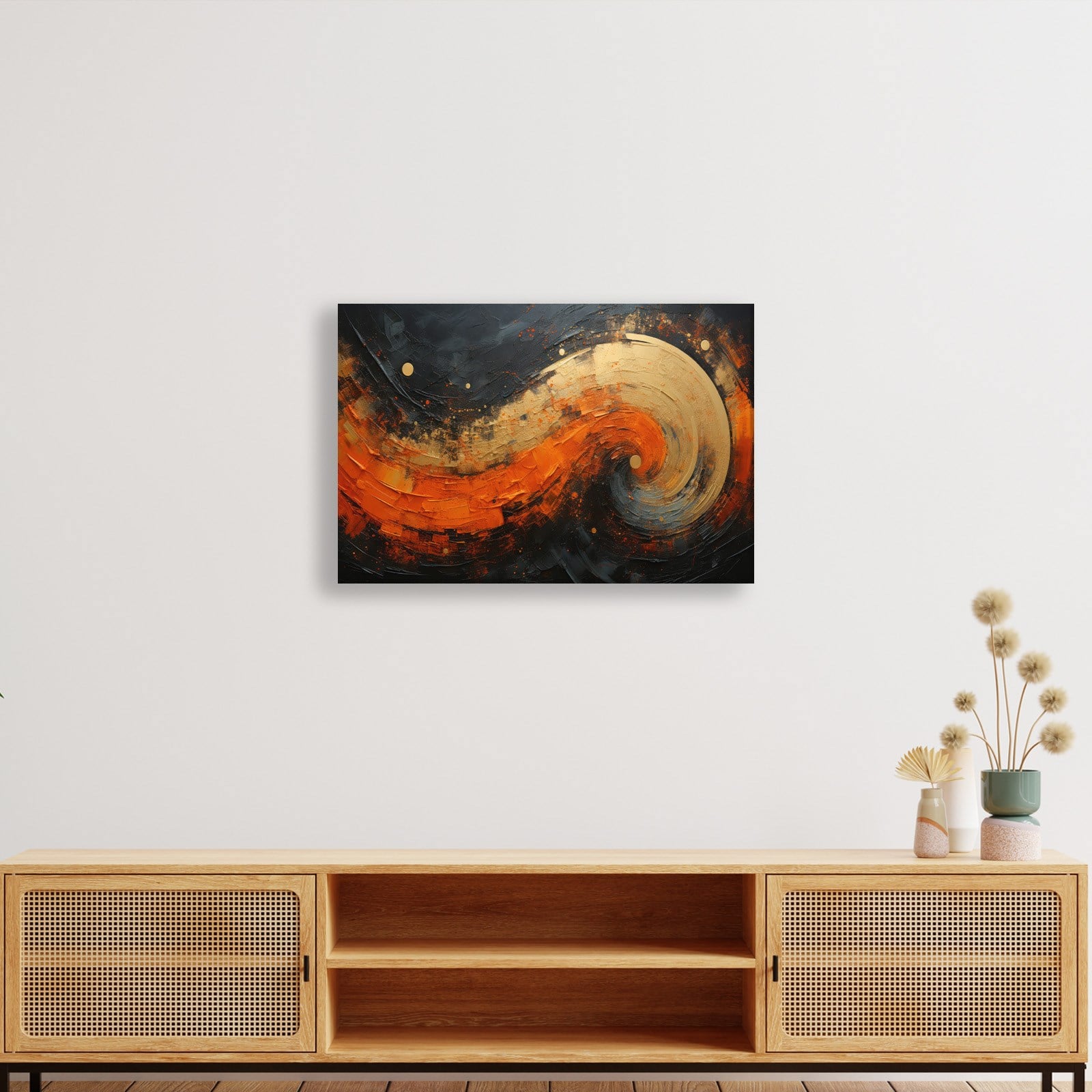 Modern Turuncu Siyah Soyut Kanvas Tablo | Altın Dokulu Premium Abstract Wall Art