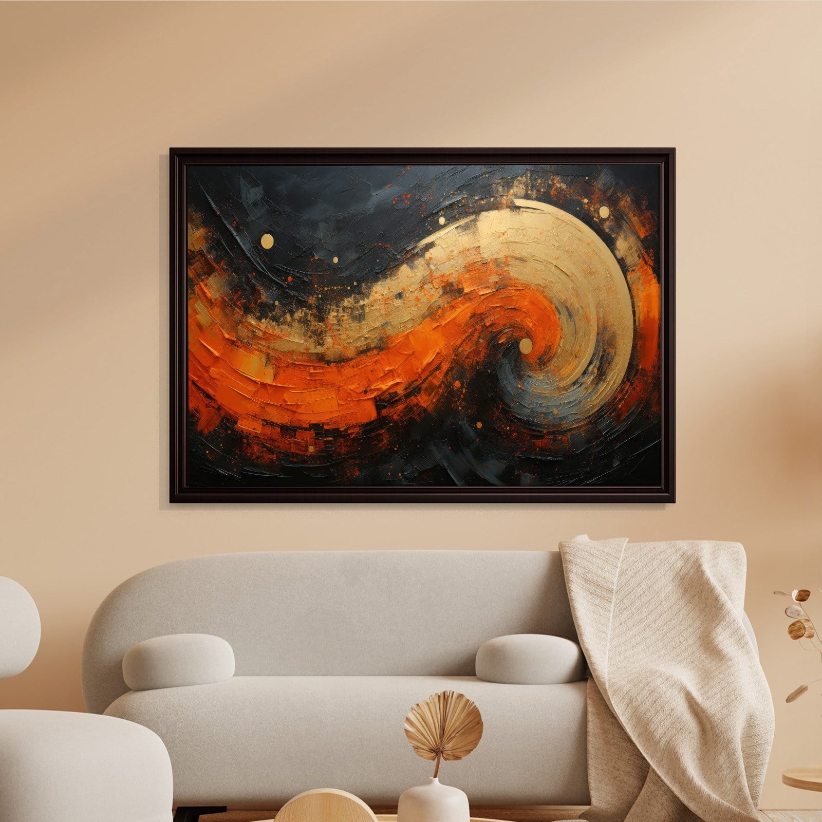 Modern Turuncu Siyah Soyut Kanvas Tablo | Altın Dokulu Premium Abstract Wall Art