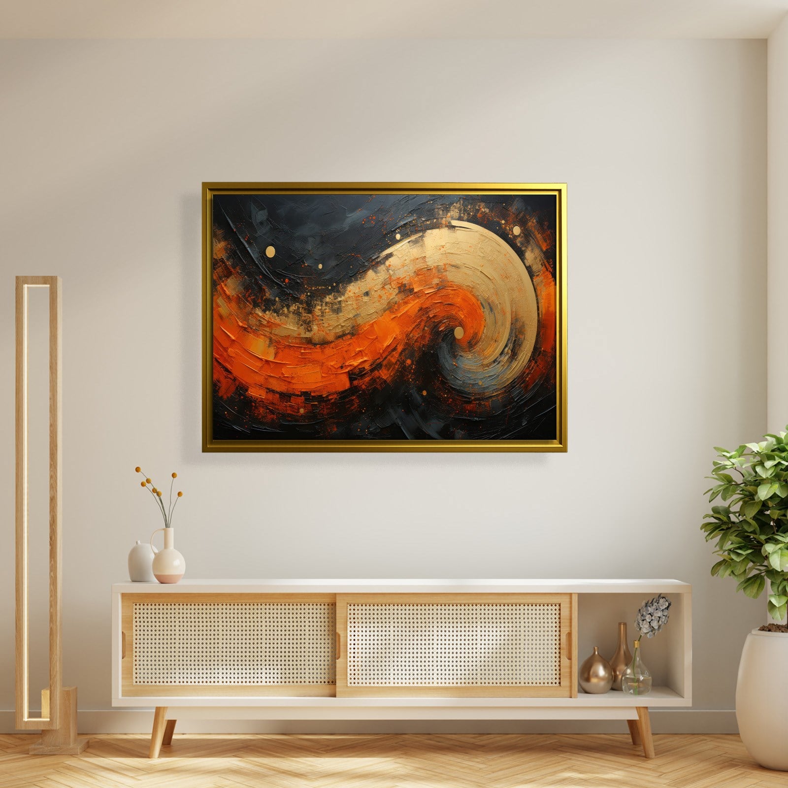Modern Turuncu Siyah Soyut Kanvas Tablo | Altın Dokulu Premium Abstract Wall Art