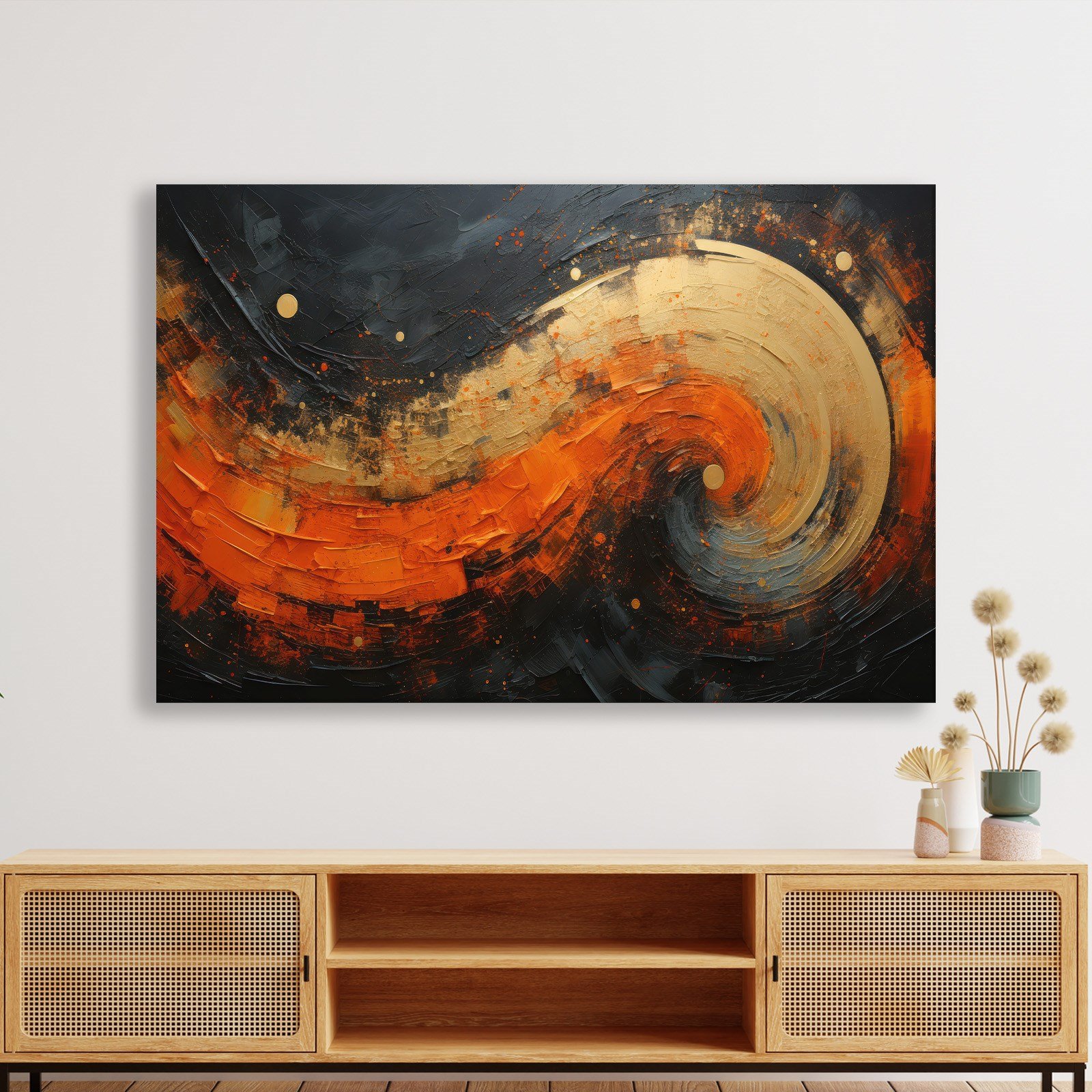 Modern Turuncu Siyah Soyut Kanvas Tablo | Altın Dokulu Premium Abstract Wall Art