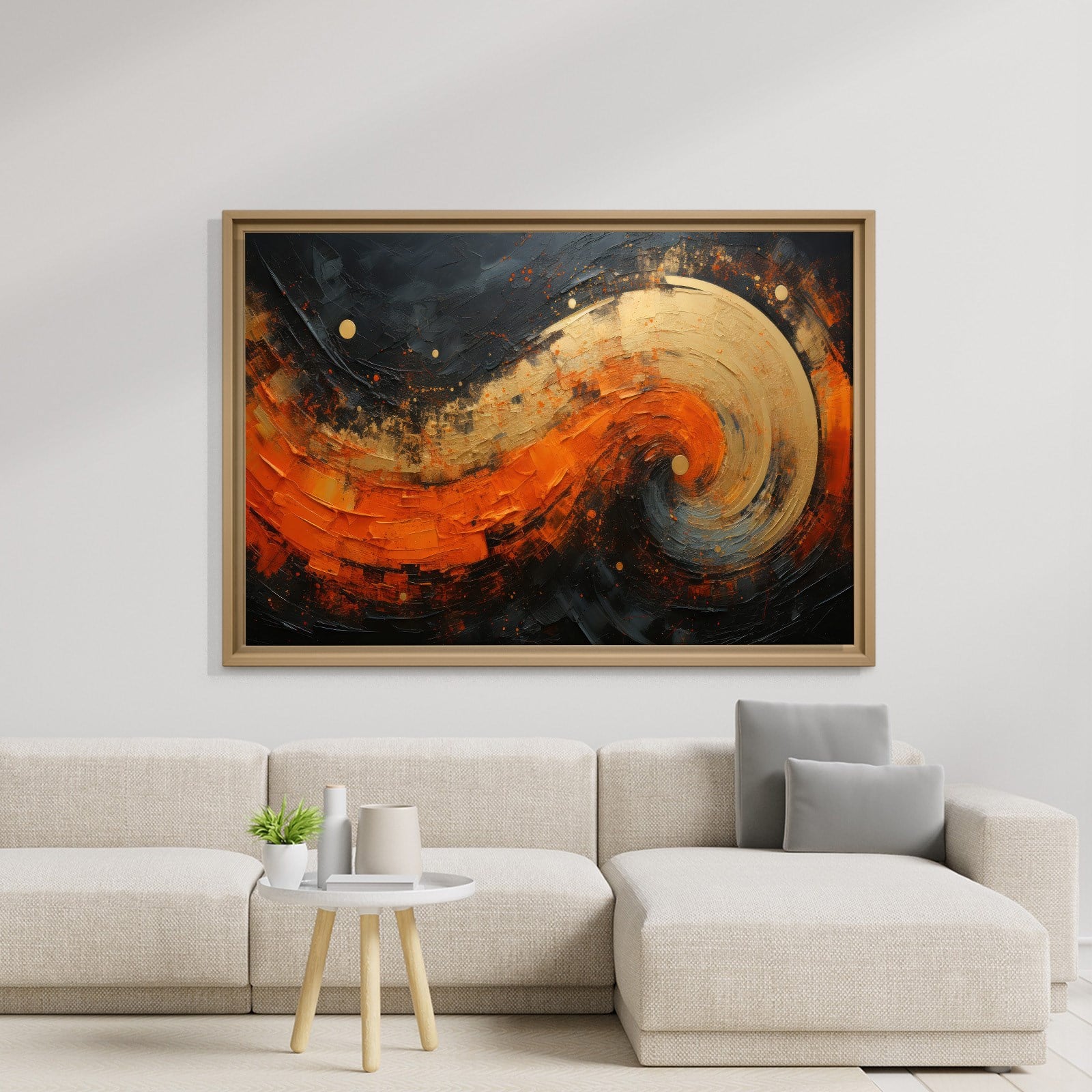 Modern Turuncu Siyah Soyut Kanvas Tablo | Altın Dokulu Premium Abstract Wall Art