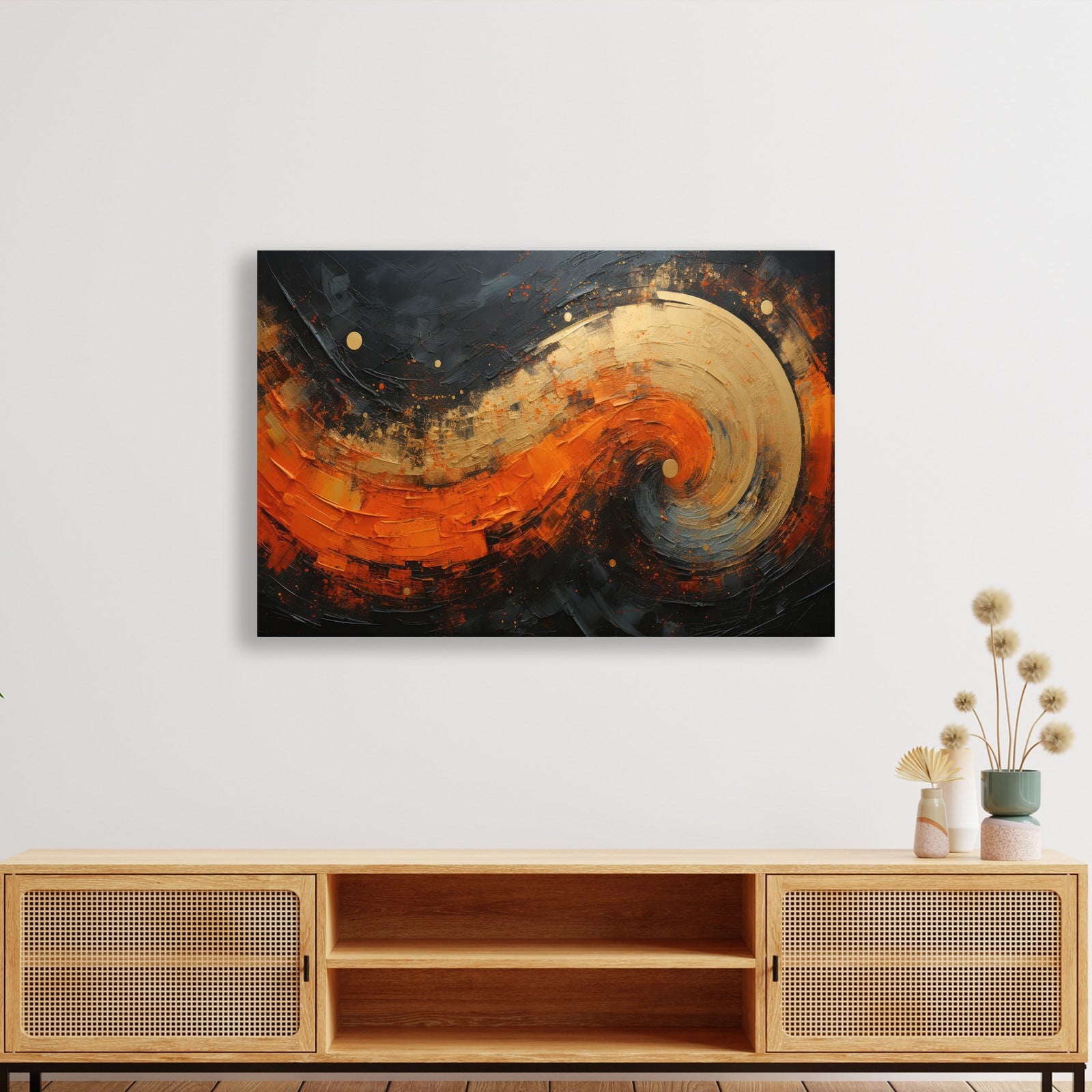 Modern Turuncu Siyah Soyut Kanvas Tablo | Altın Dokulu Premium Abstract Wall Art